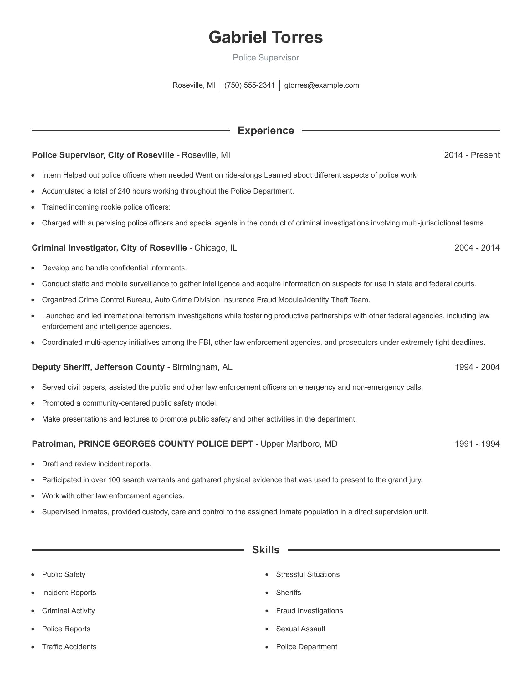 Police Supervisor resume example