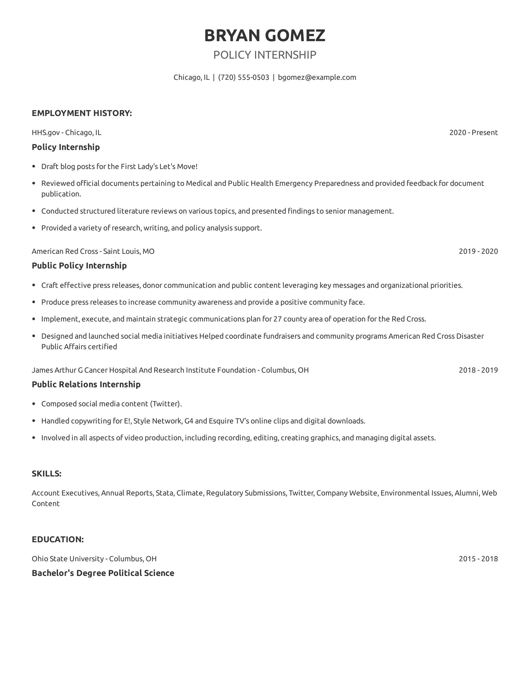 Policy Internship resume example