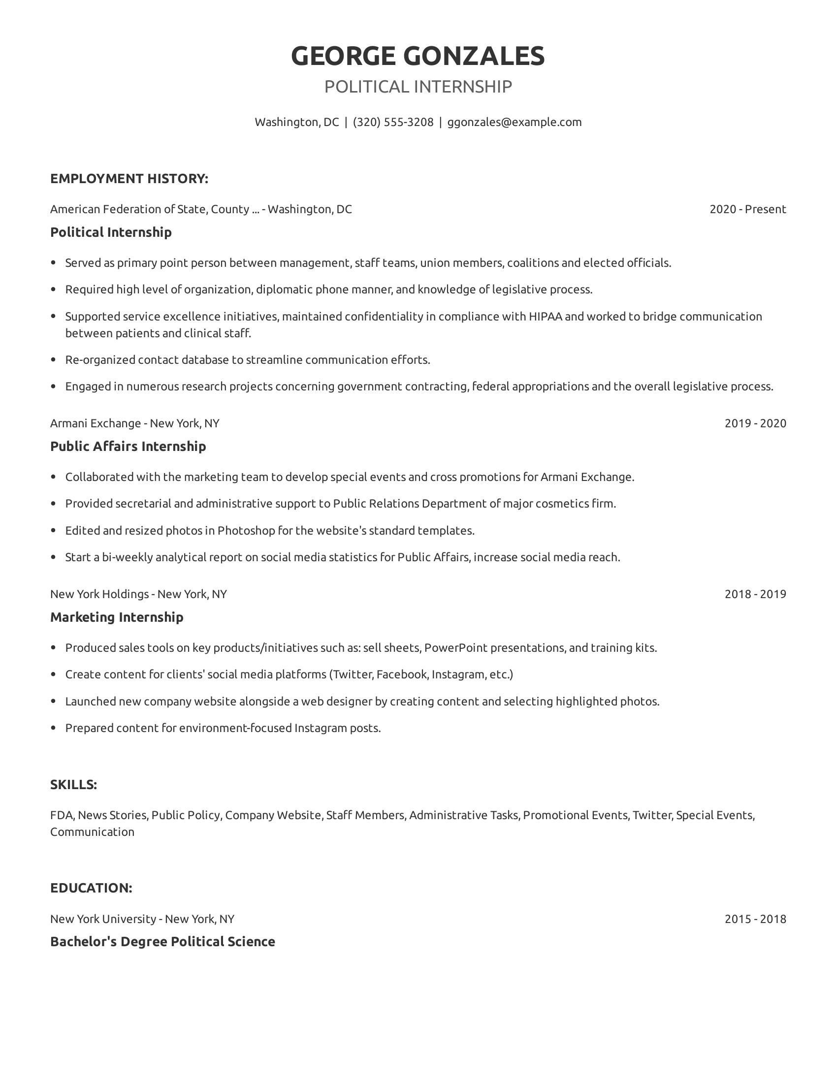 Political Internship resume example