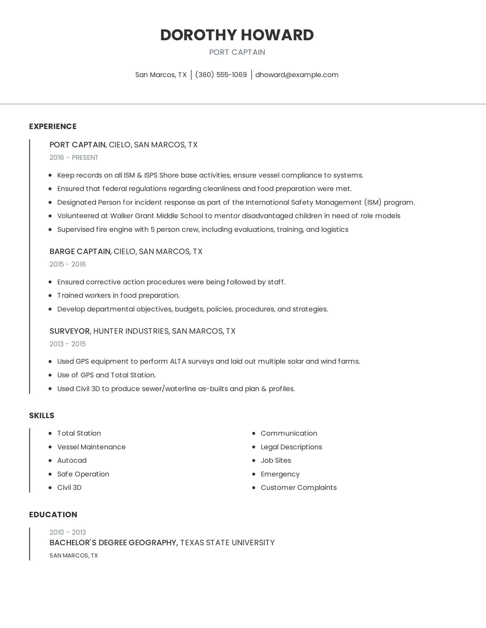 Port Captain resume example