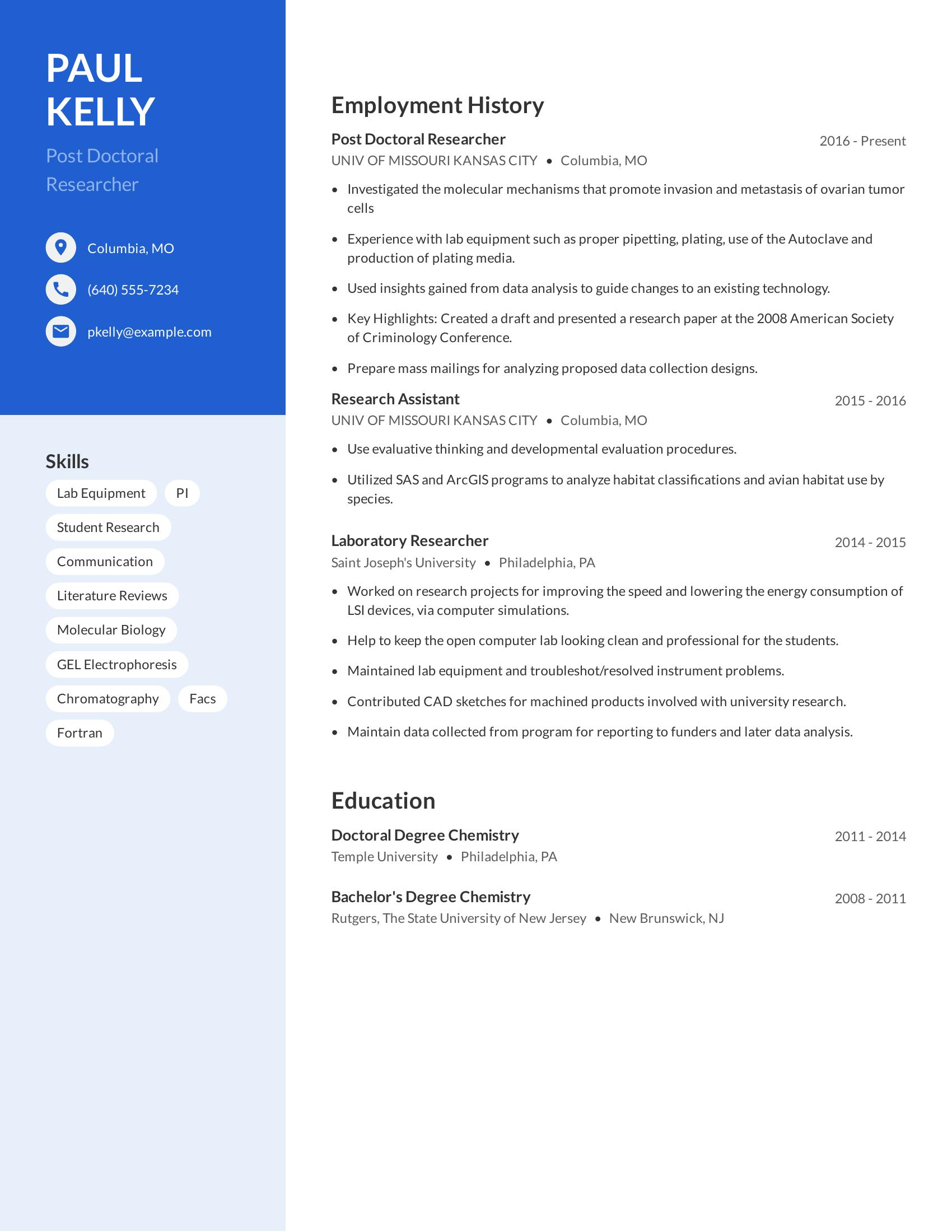 Post Doctoral Researcher resume example