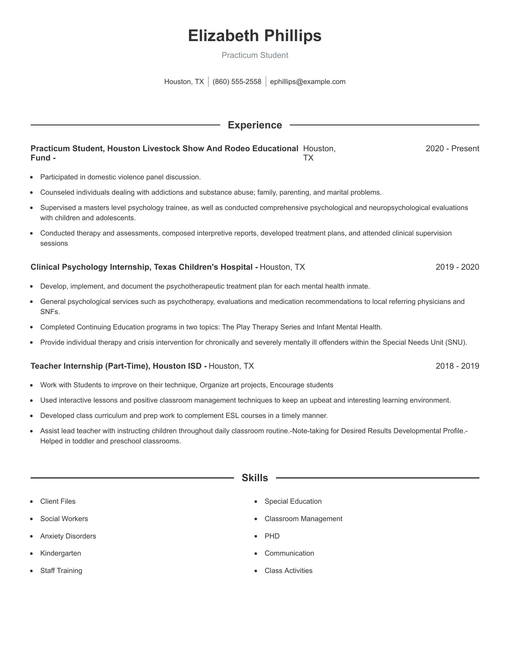 Practicum Student resume example