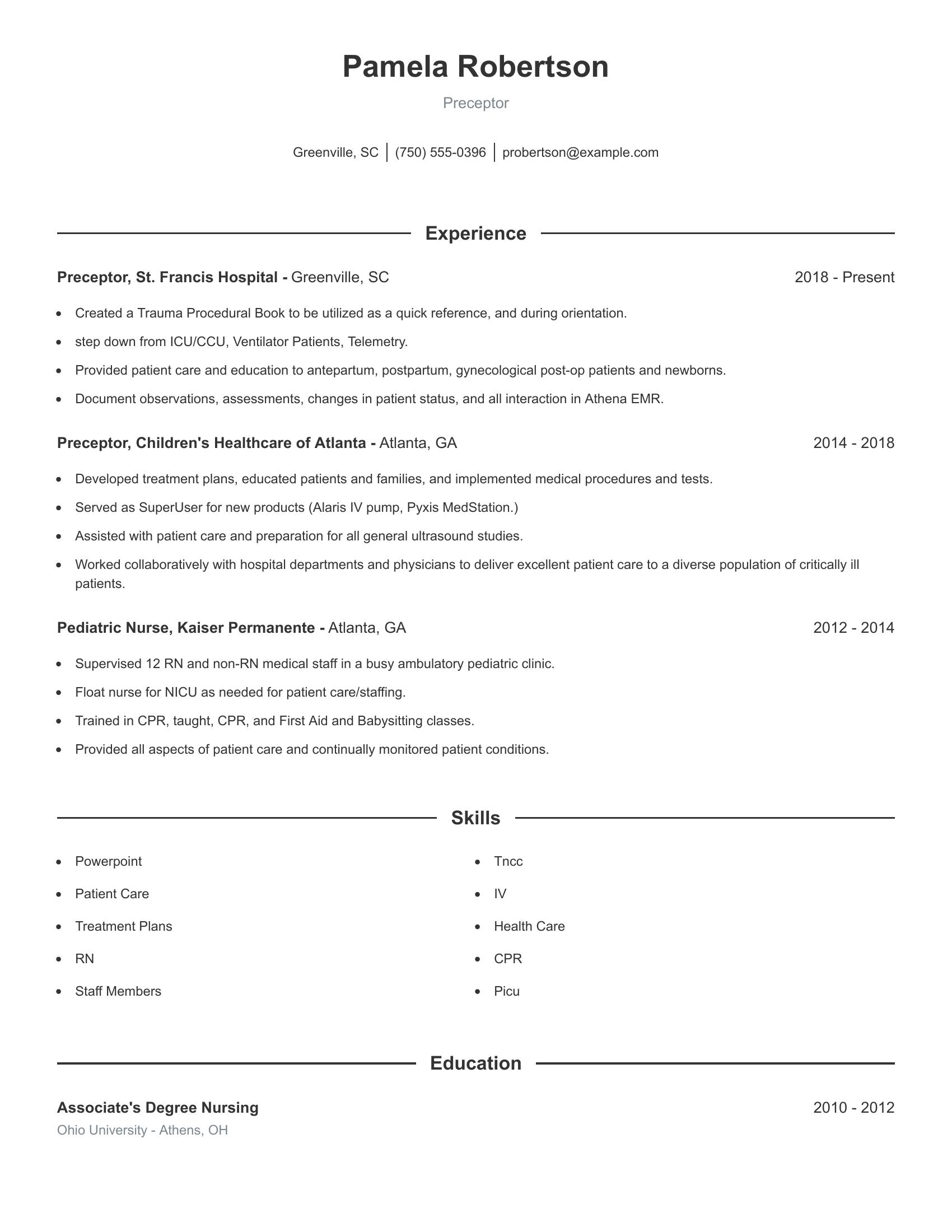 Preceptor resume example