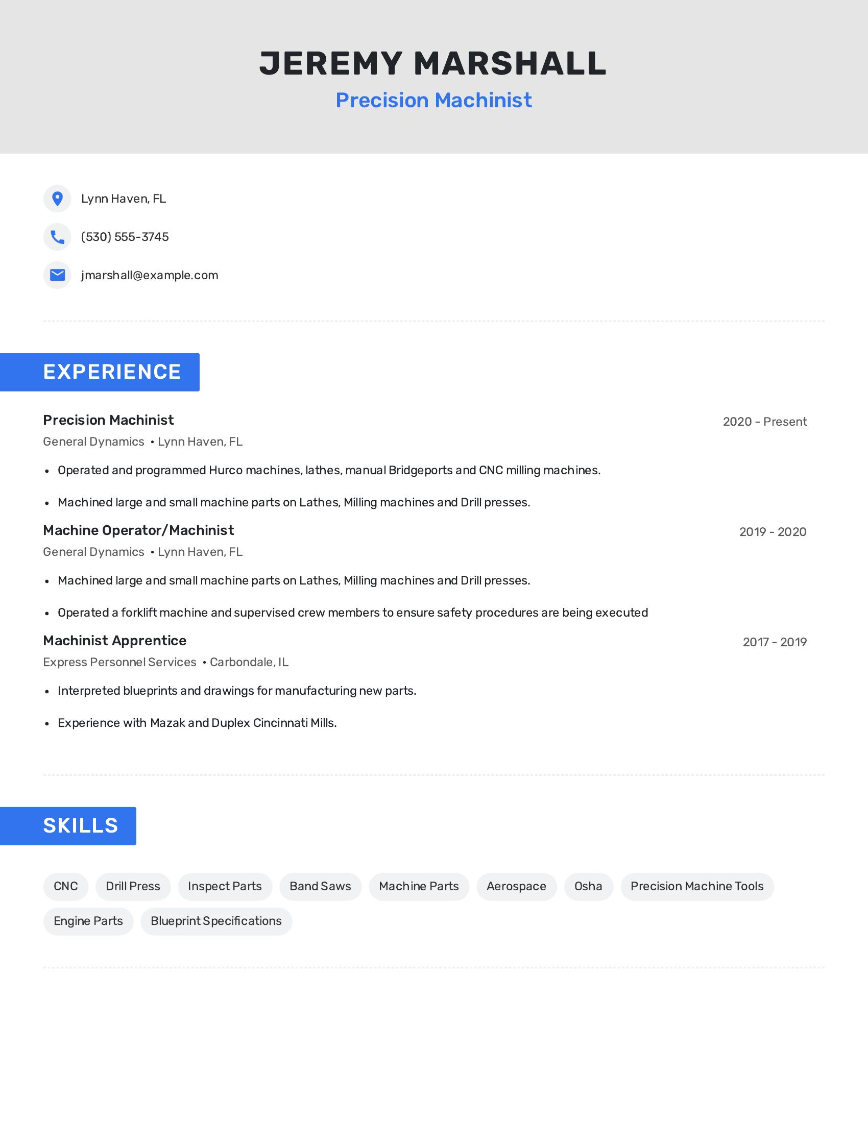 Precision Machinist resume example