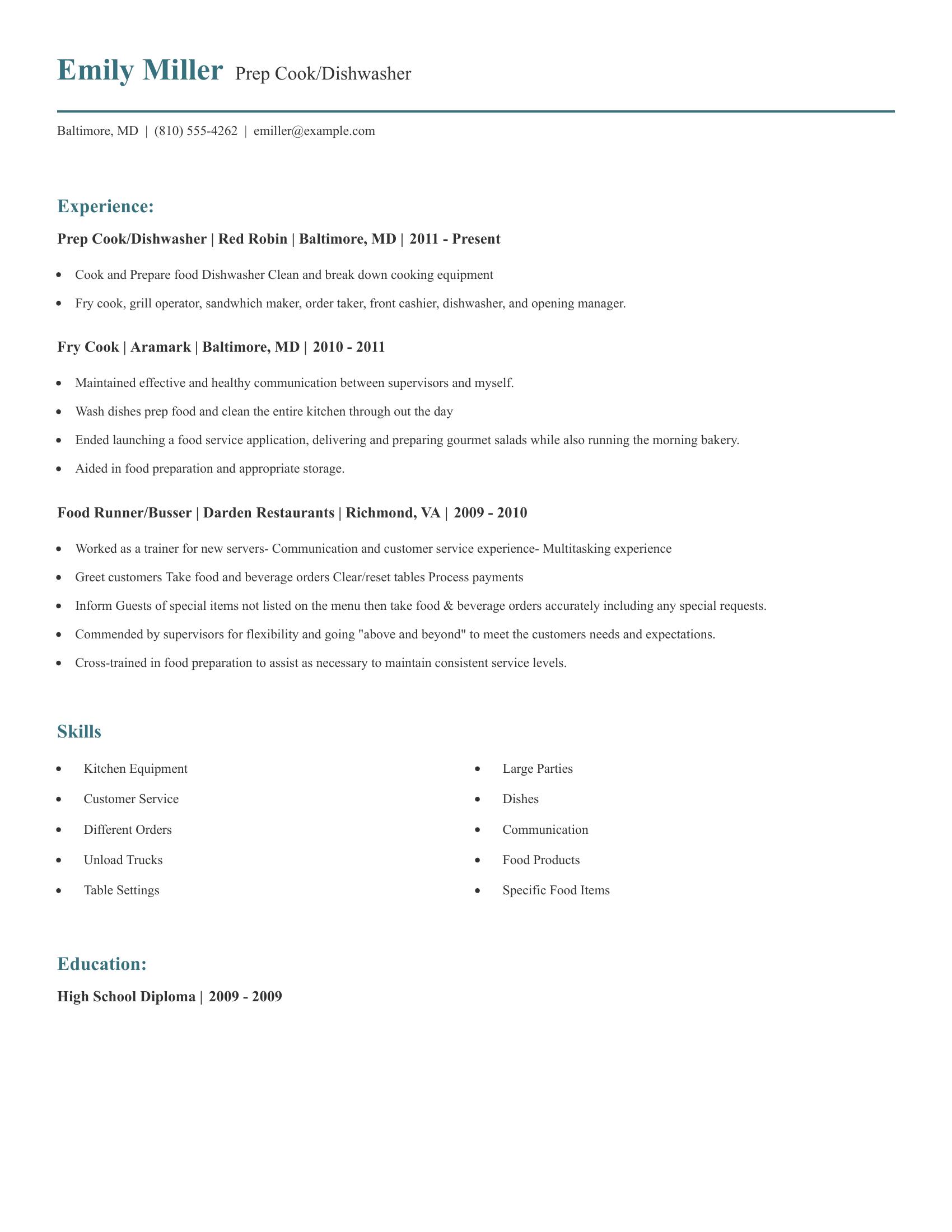 Prep Cook/Dishwasher resume example