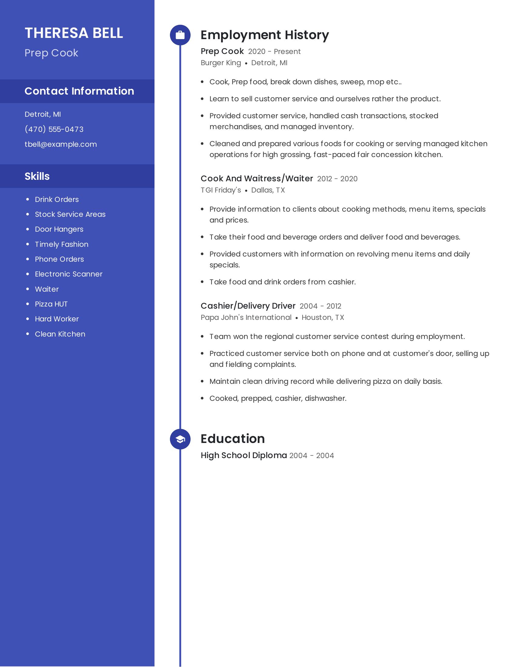 Prep Cook resume example