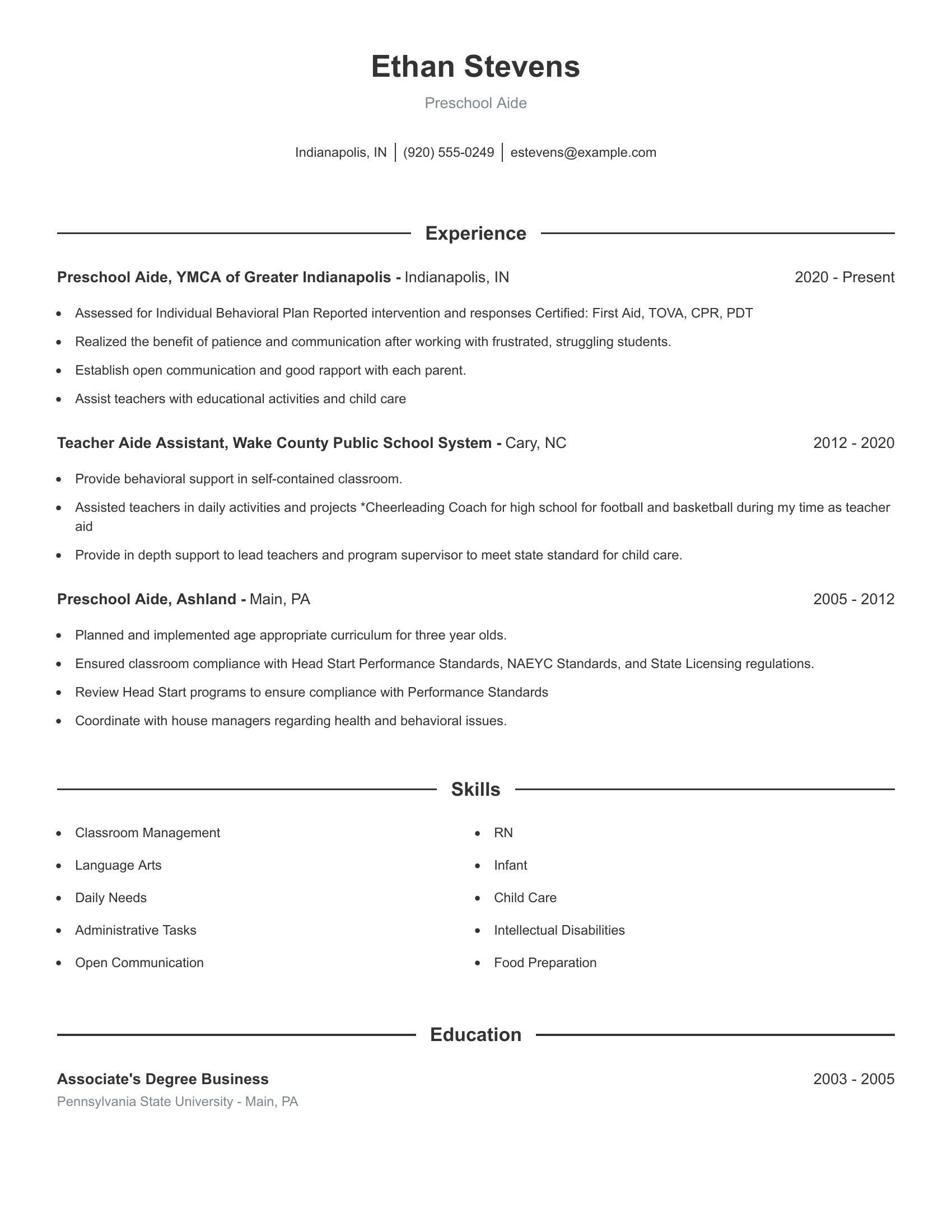 Preschool Aide resume example