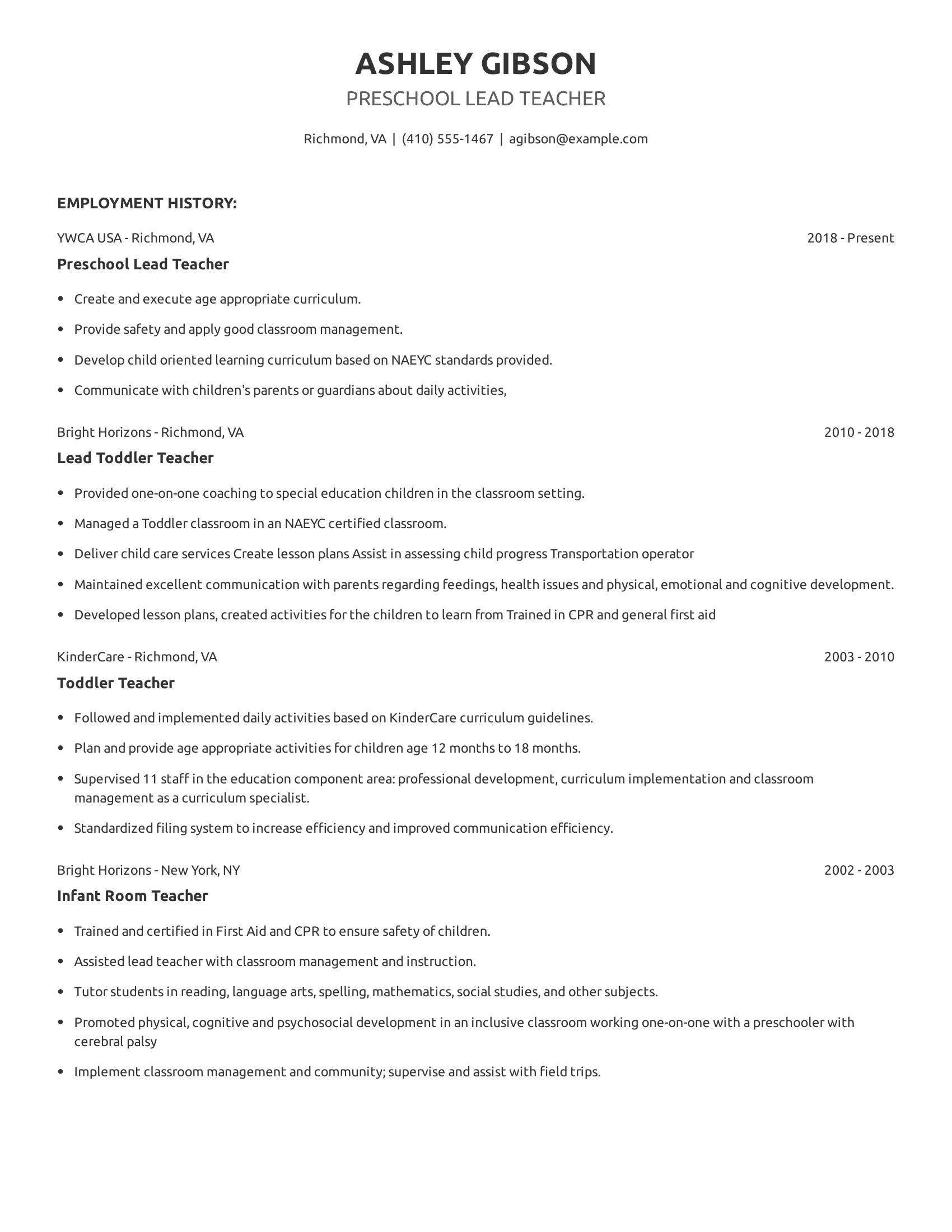 Preschool Lead Teacher resume example