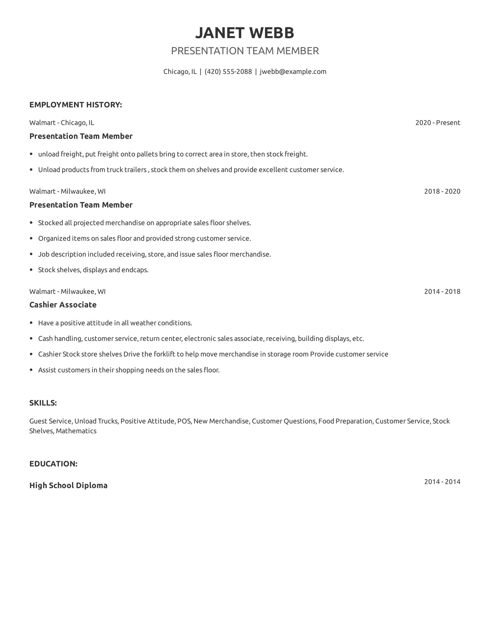 Presentation Team Member resume example