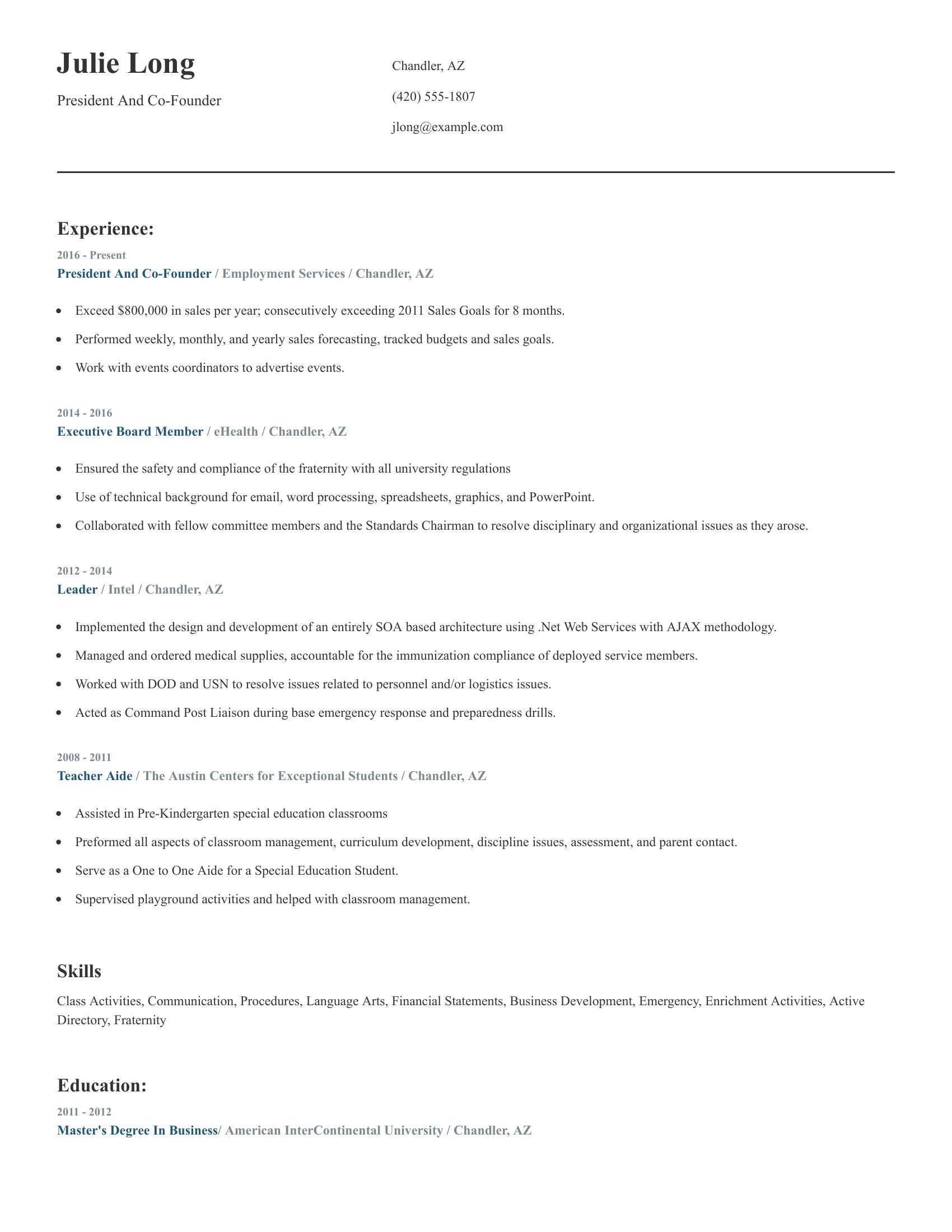 President And Co-Founder resume example