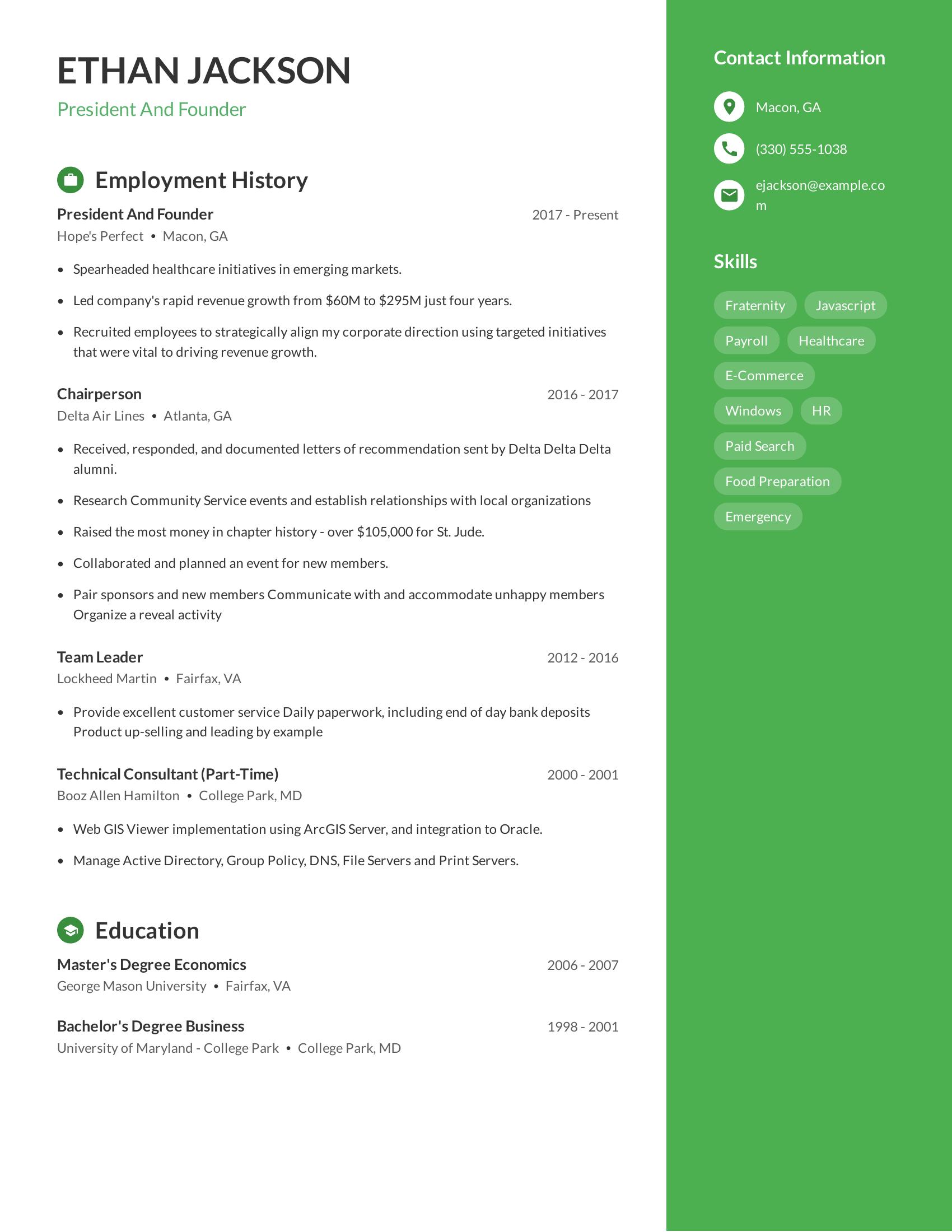 President And Founder resume example