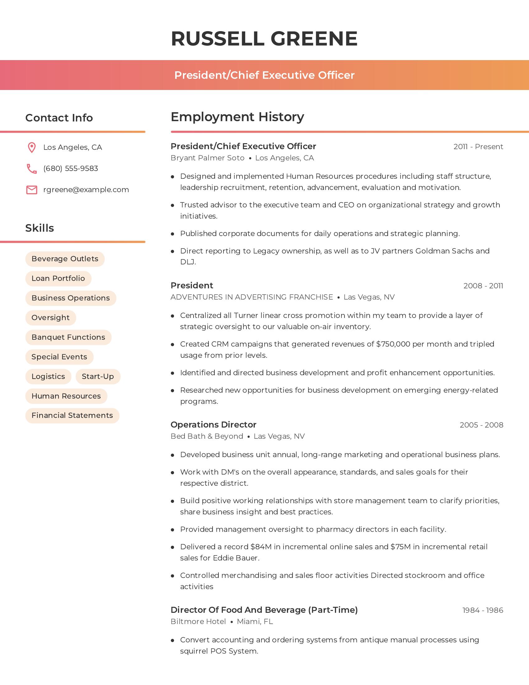 President/Chief Executive Officer resume example