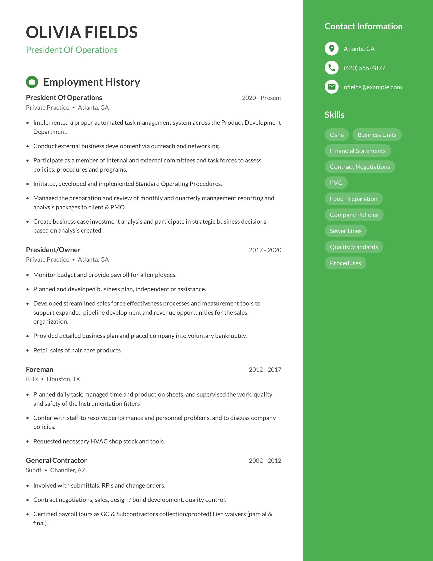 President Of Operations resume example