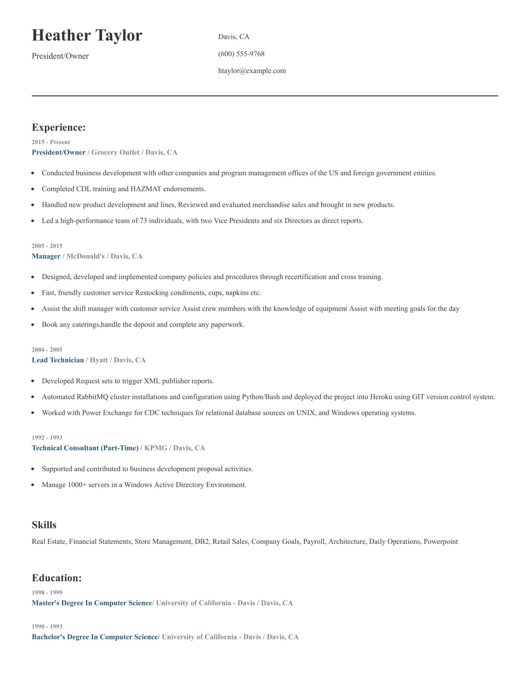 President/Owner resume example