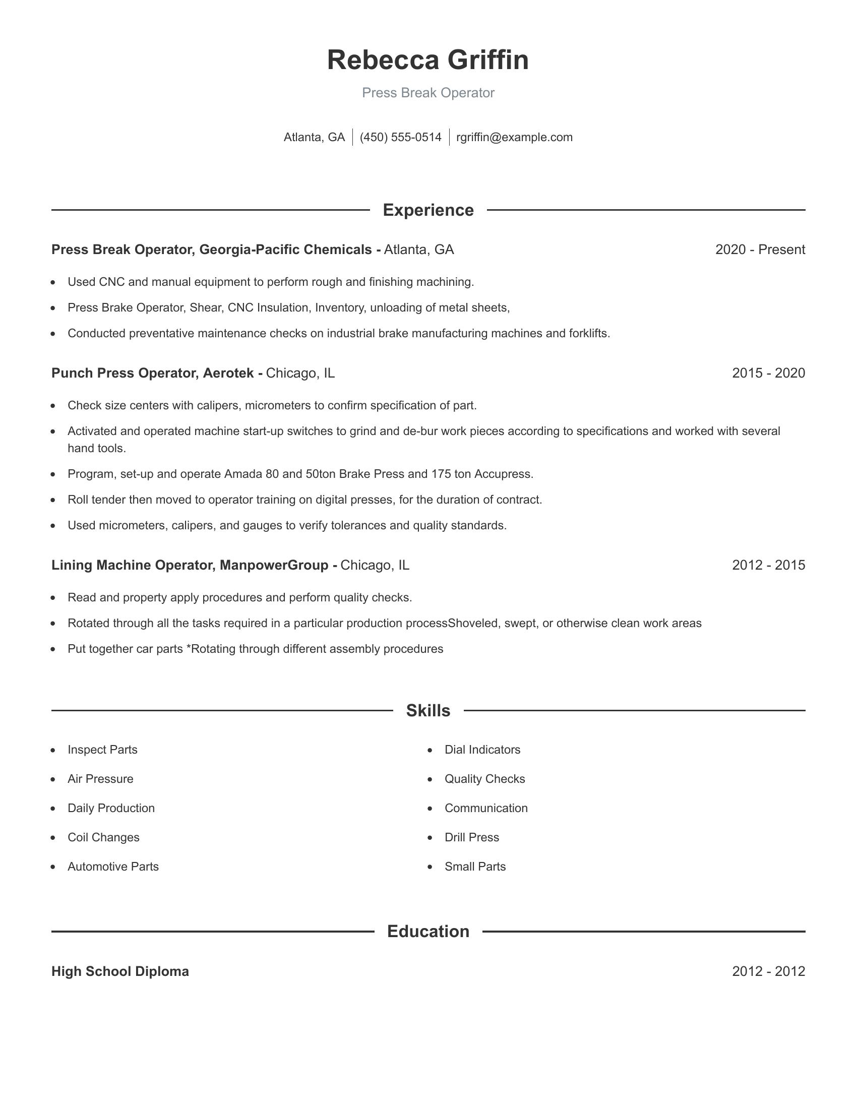 Press Break Operator resume example