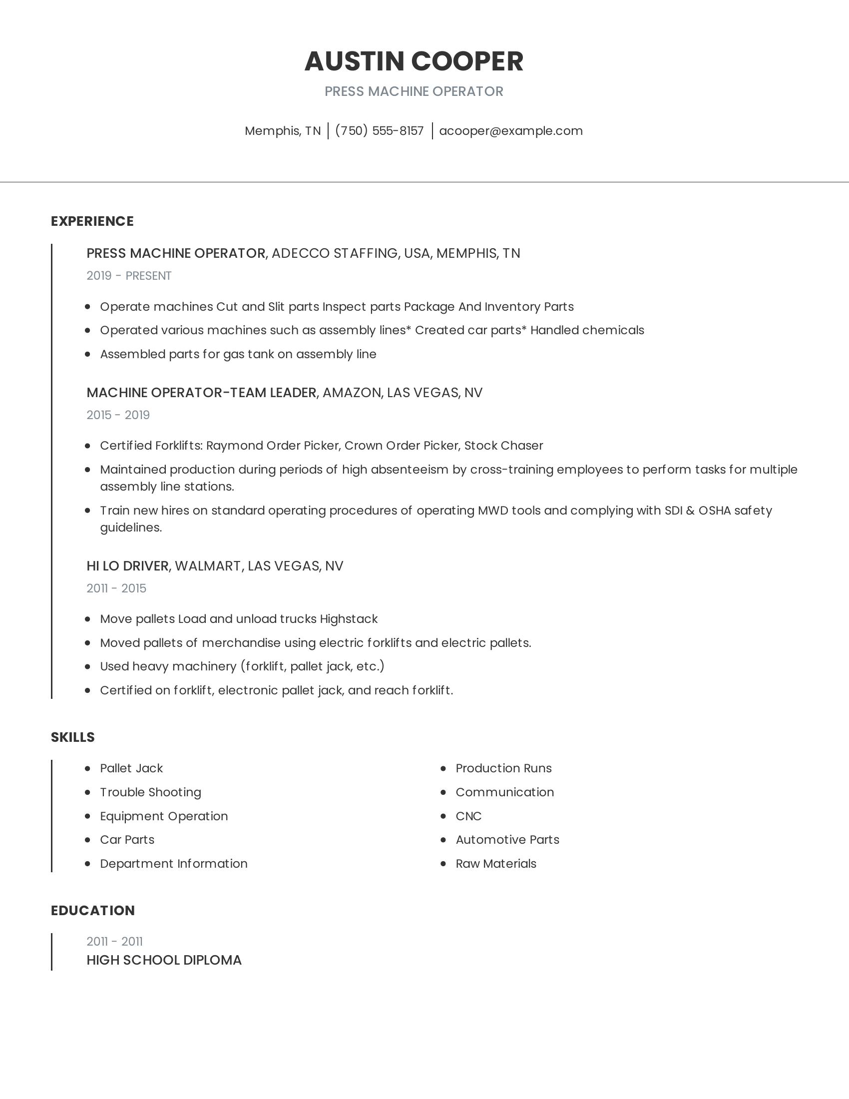 Press Machine Operator resume example