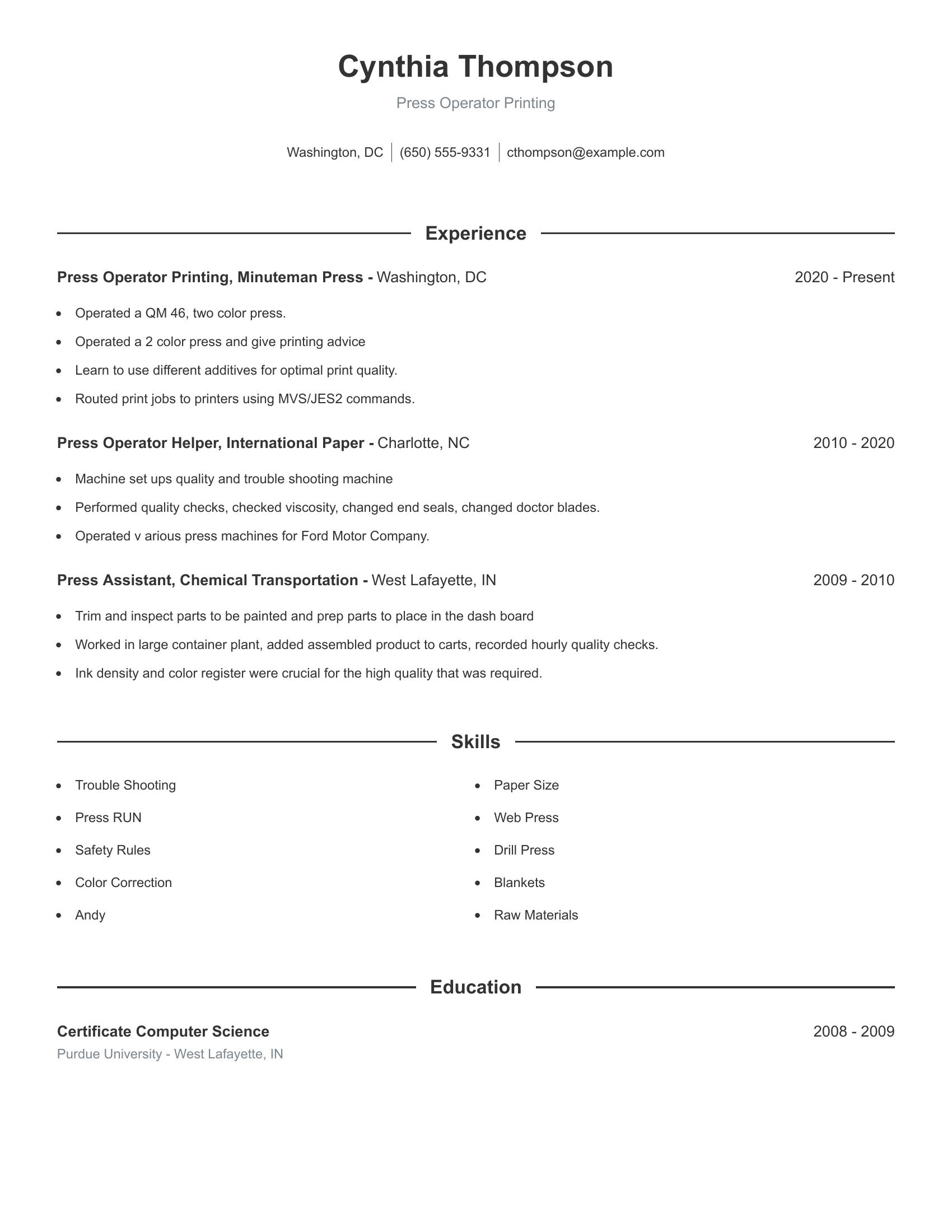 Press Operator Printing resume example