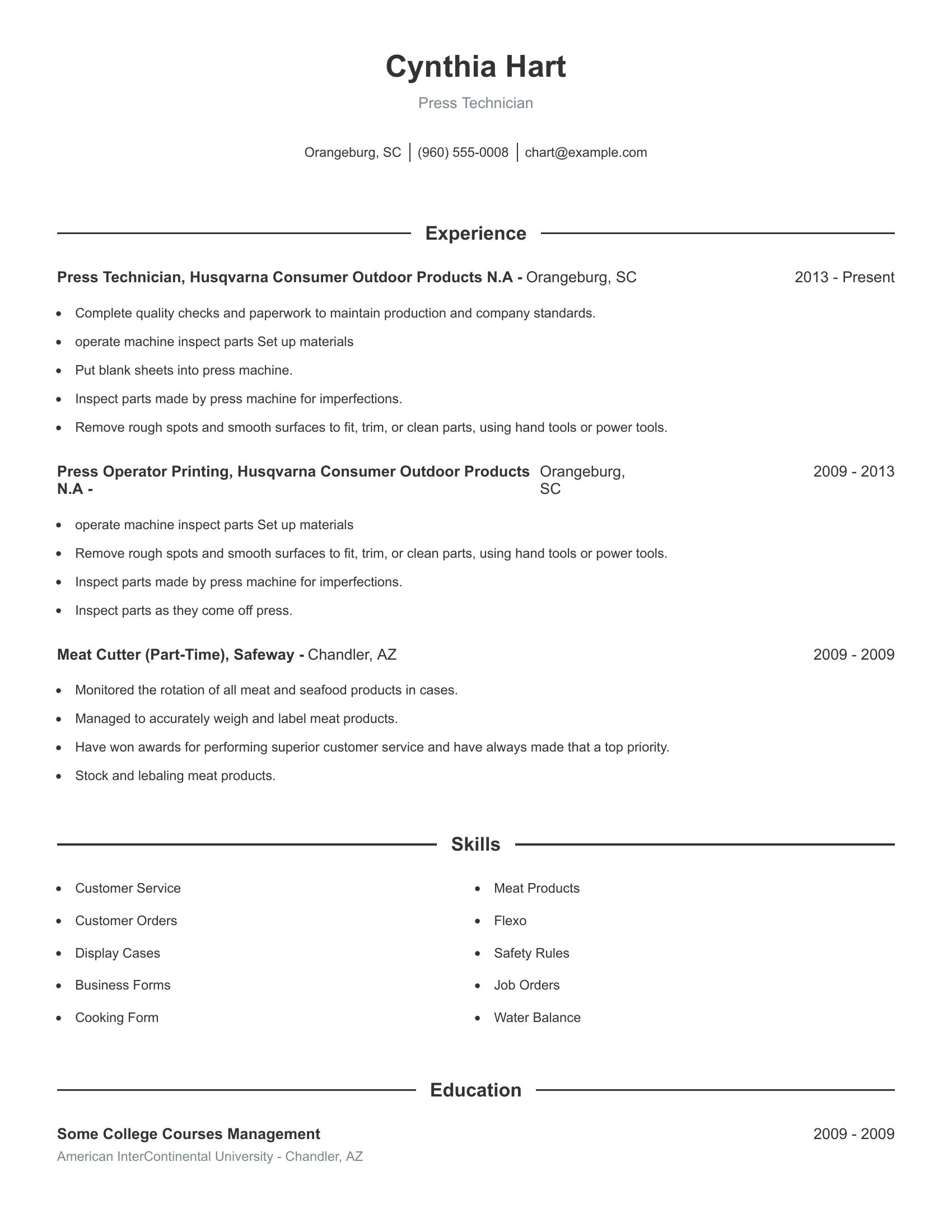 Press Technician resume example