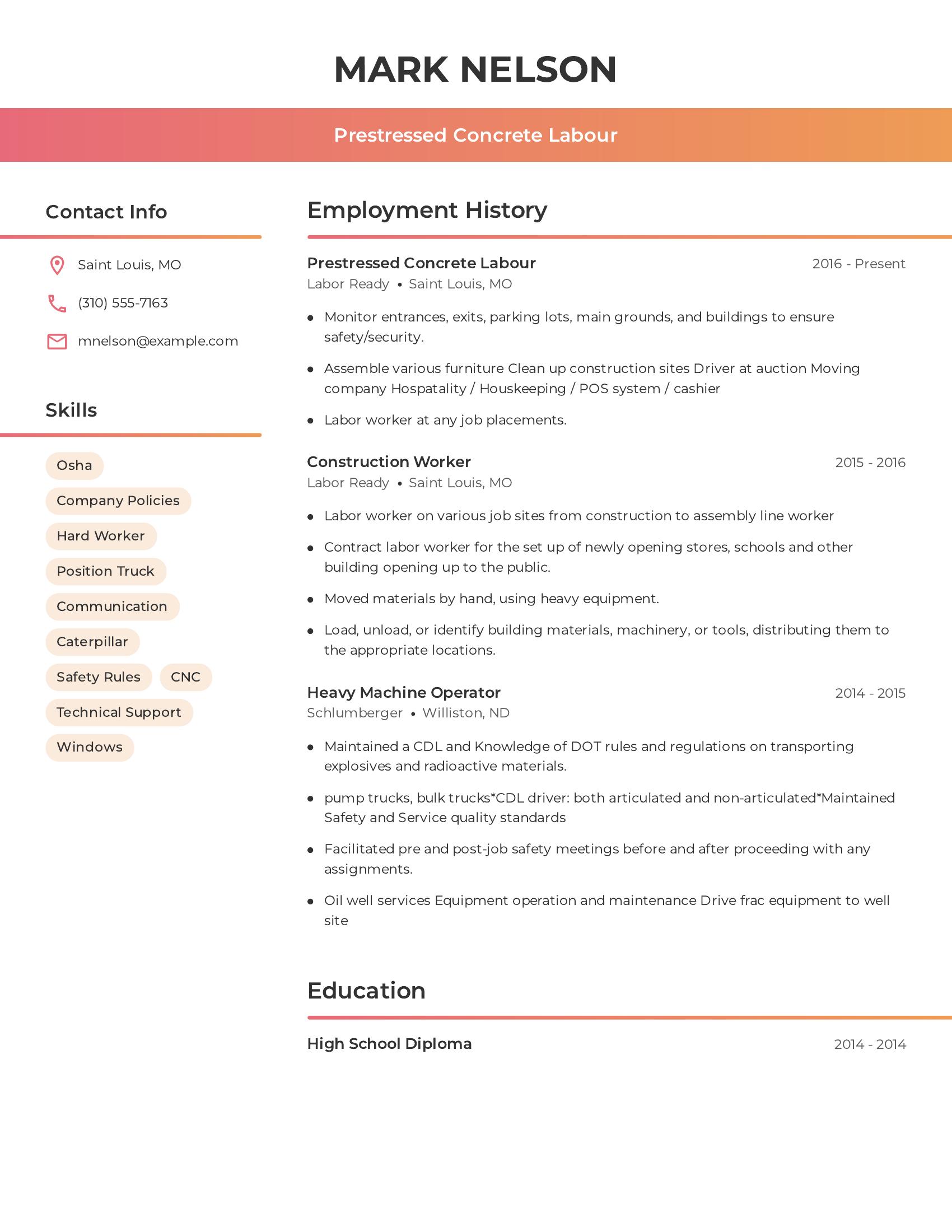 Prestressed Concrete Labour resume example