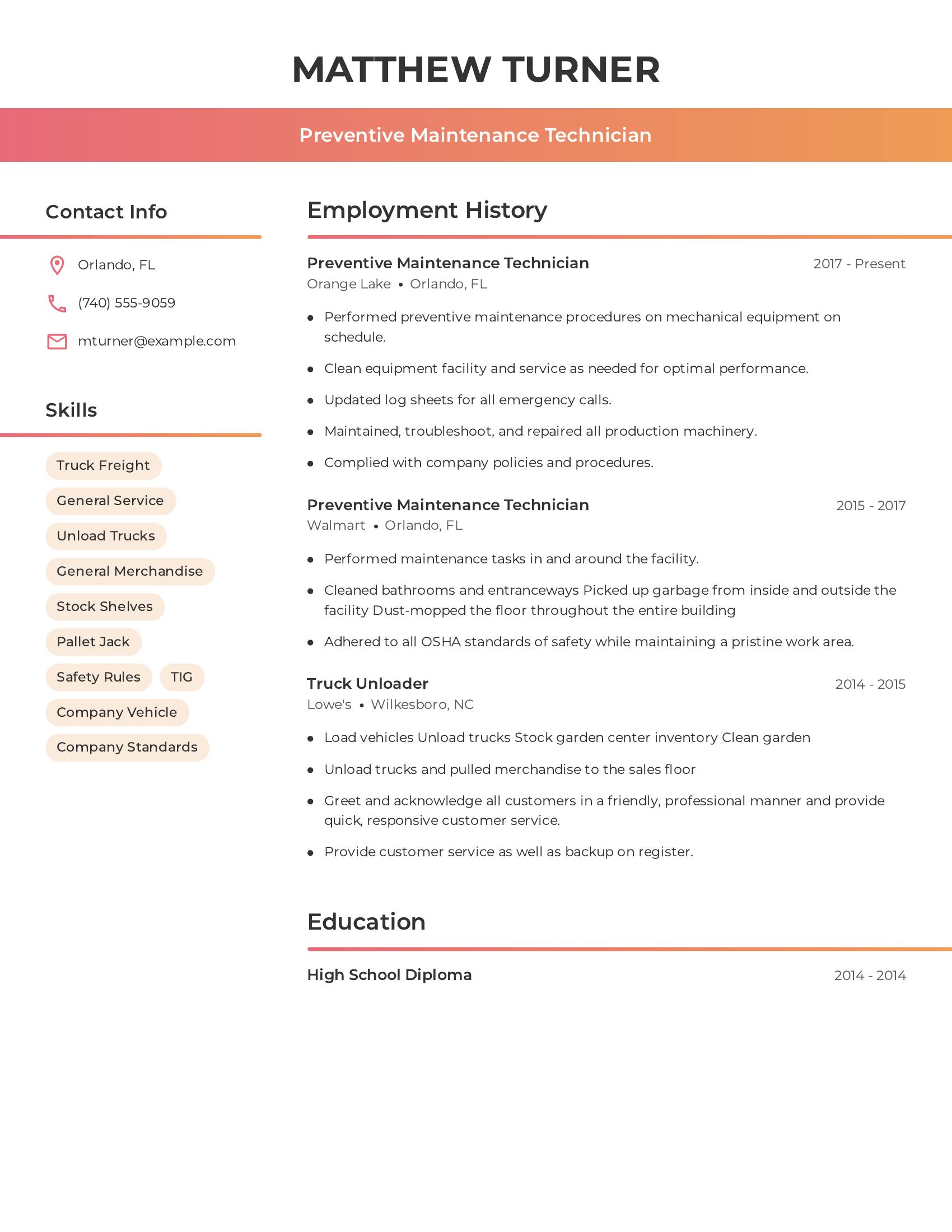 Preventive Maintenance Technician resume example