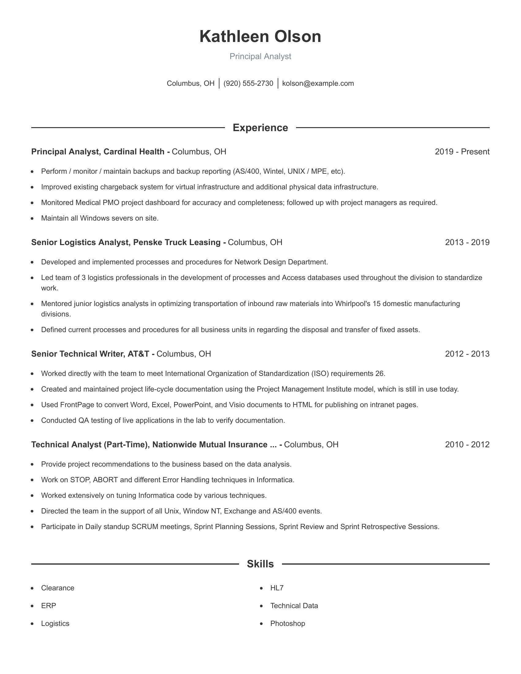 Principal Analyst resume example