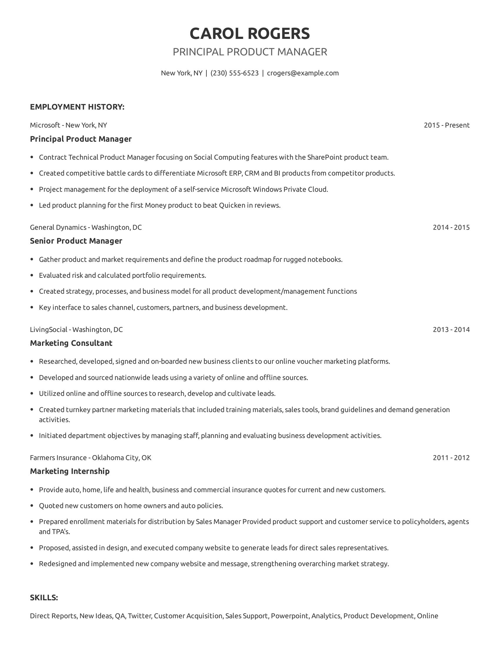 Principal Product Manager resume example