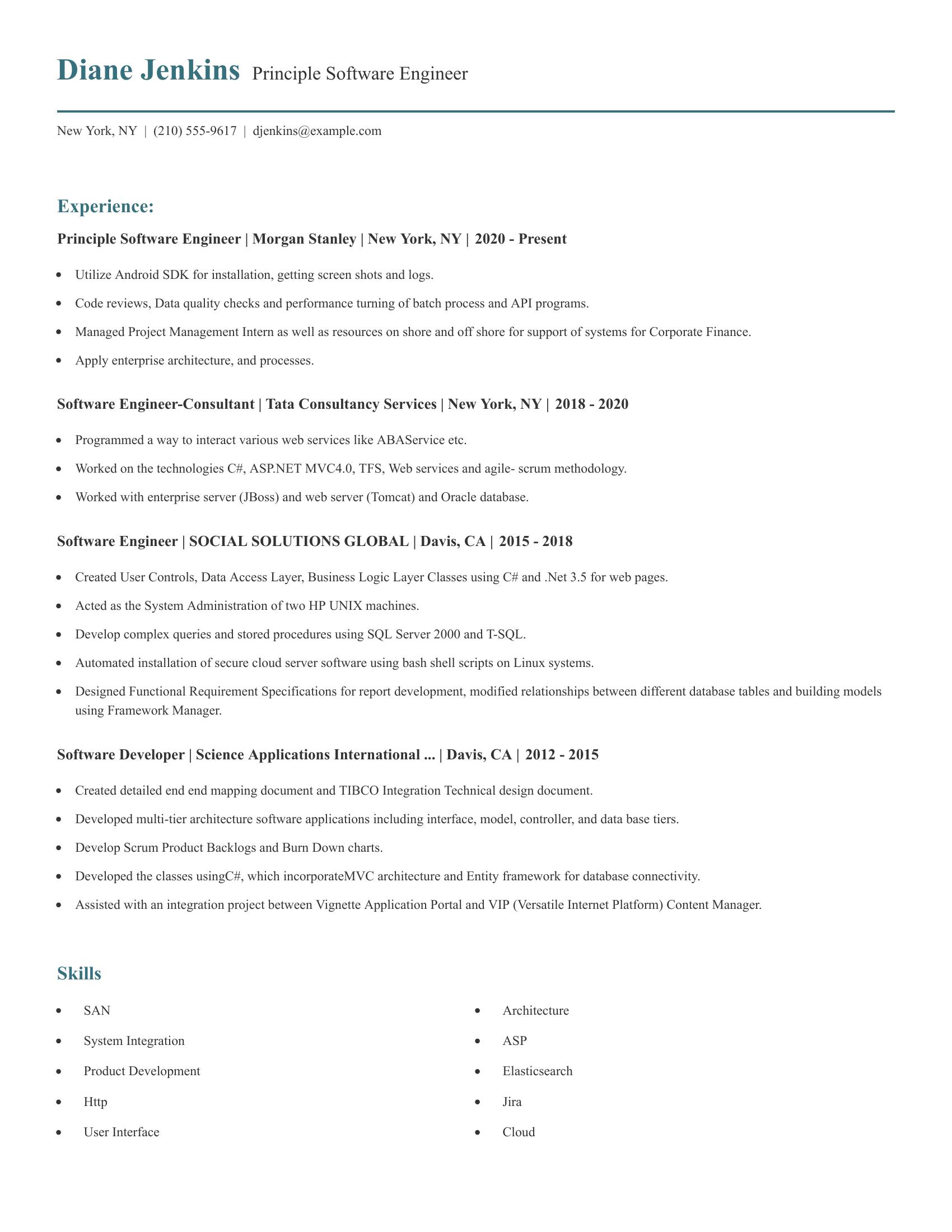 Principle Software Engineer resume example