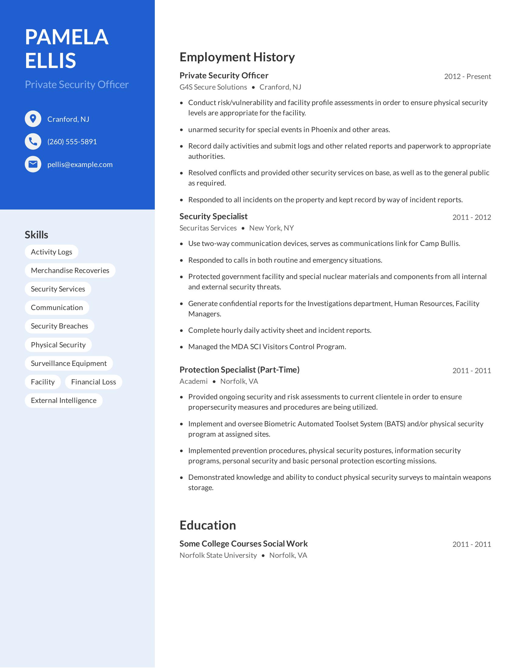 Private Security Officer resume example