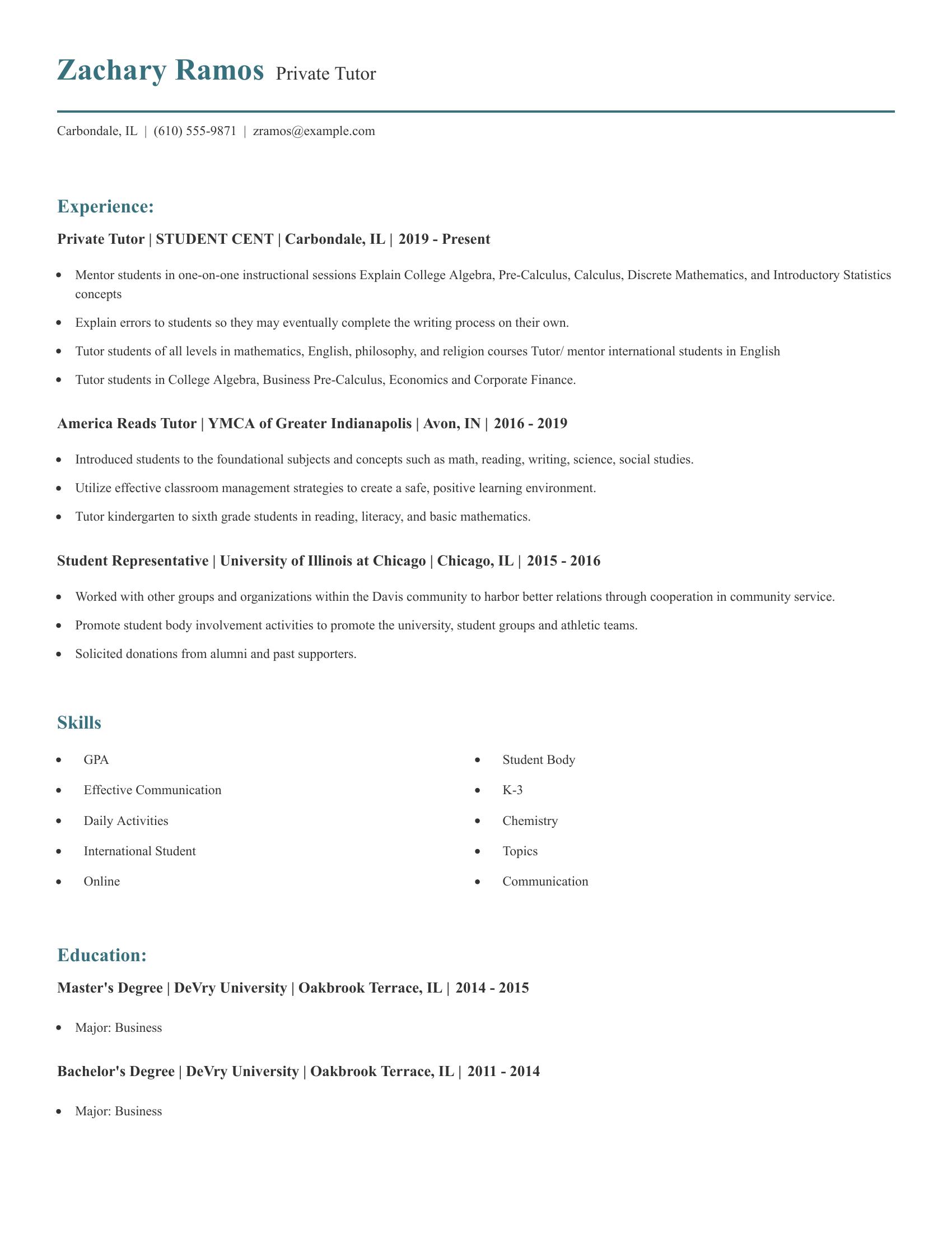 Private Tutor resume example