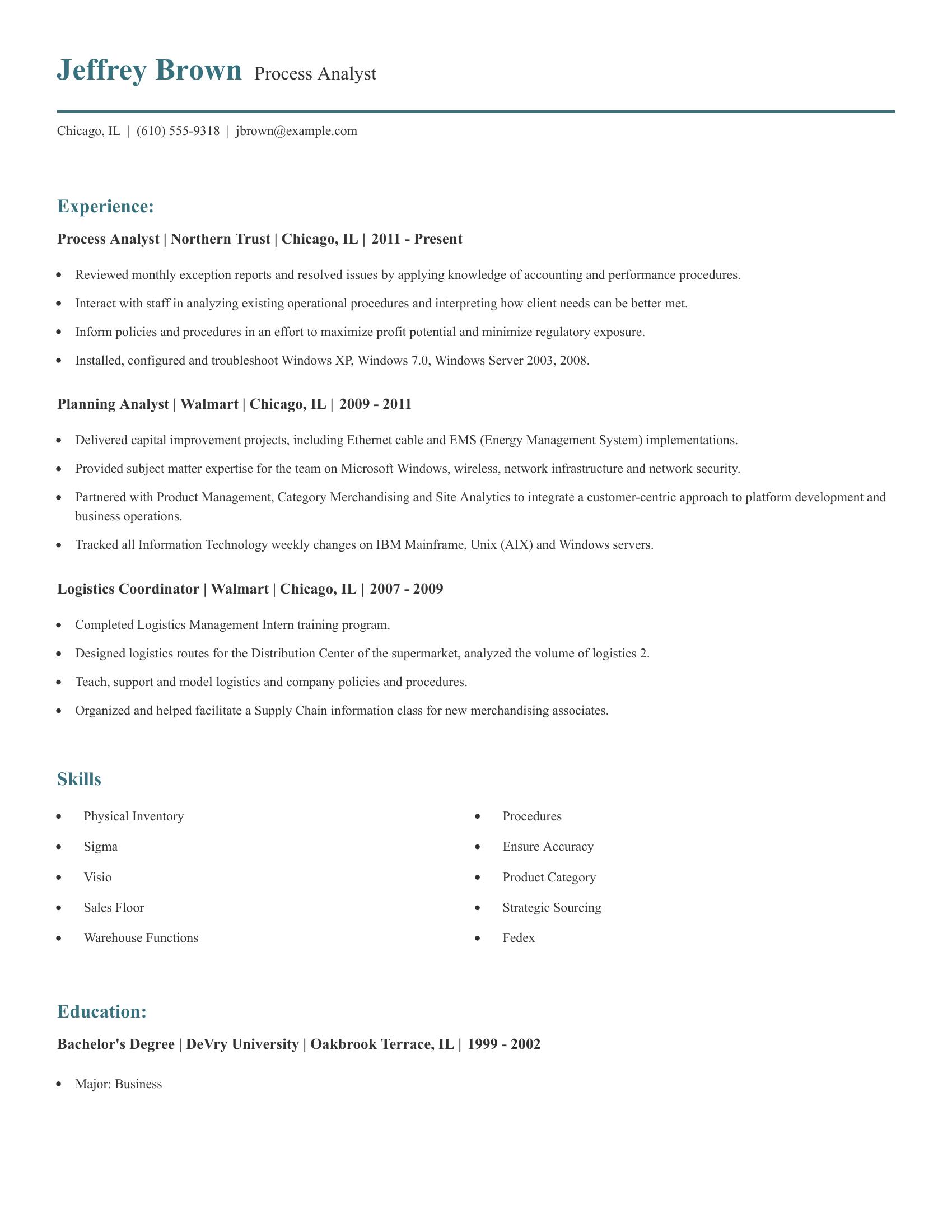 Process Analyst resume example