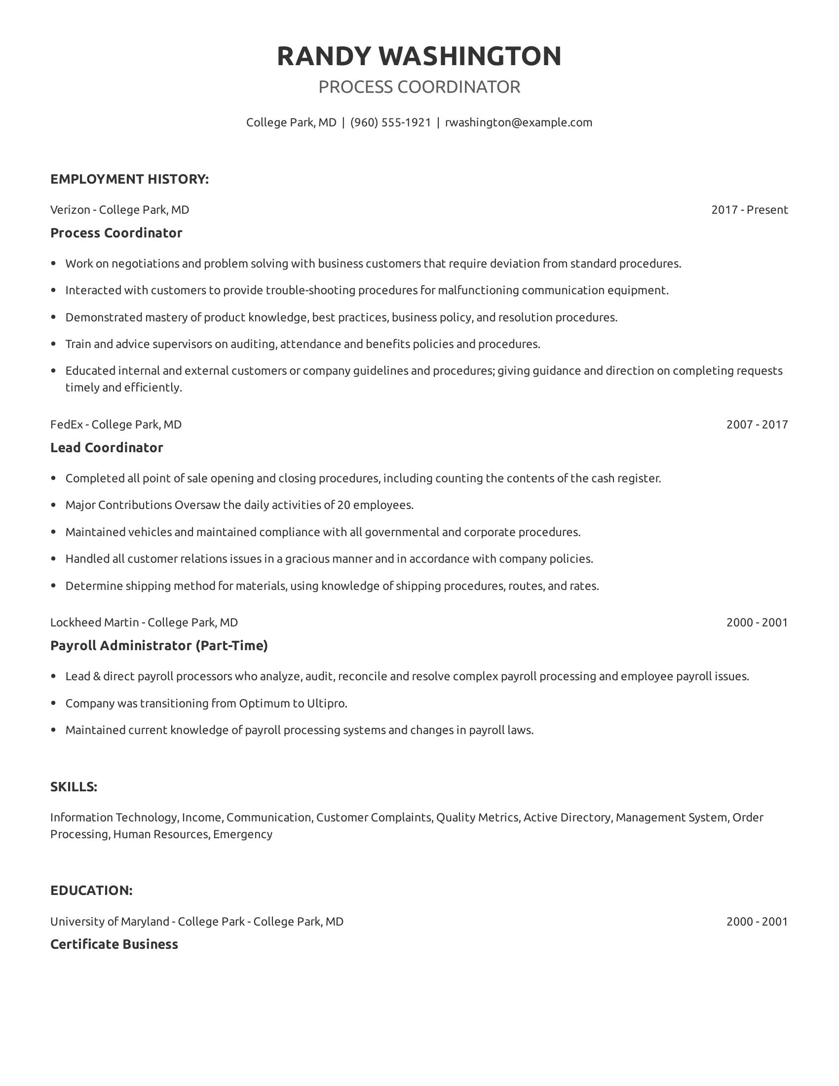 Process Coordinator resume example