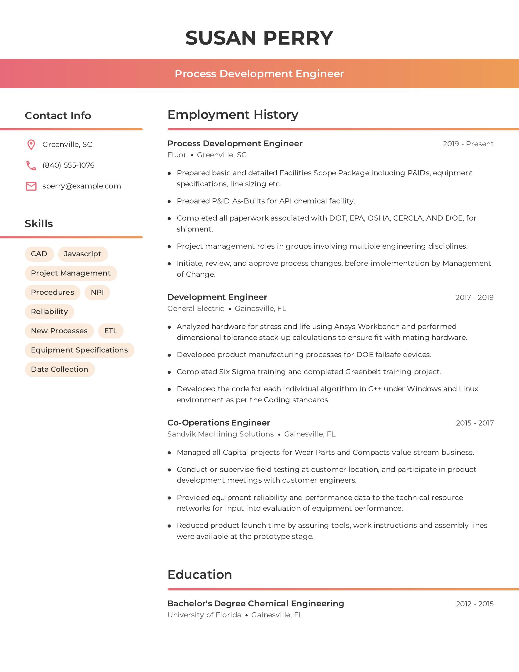 Process Development Engineer resume example