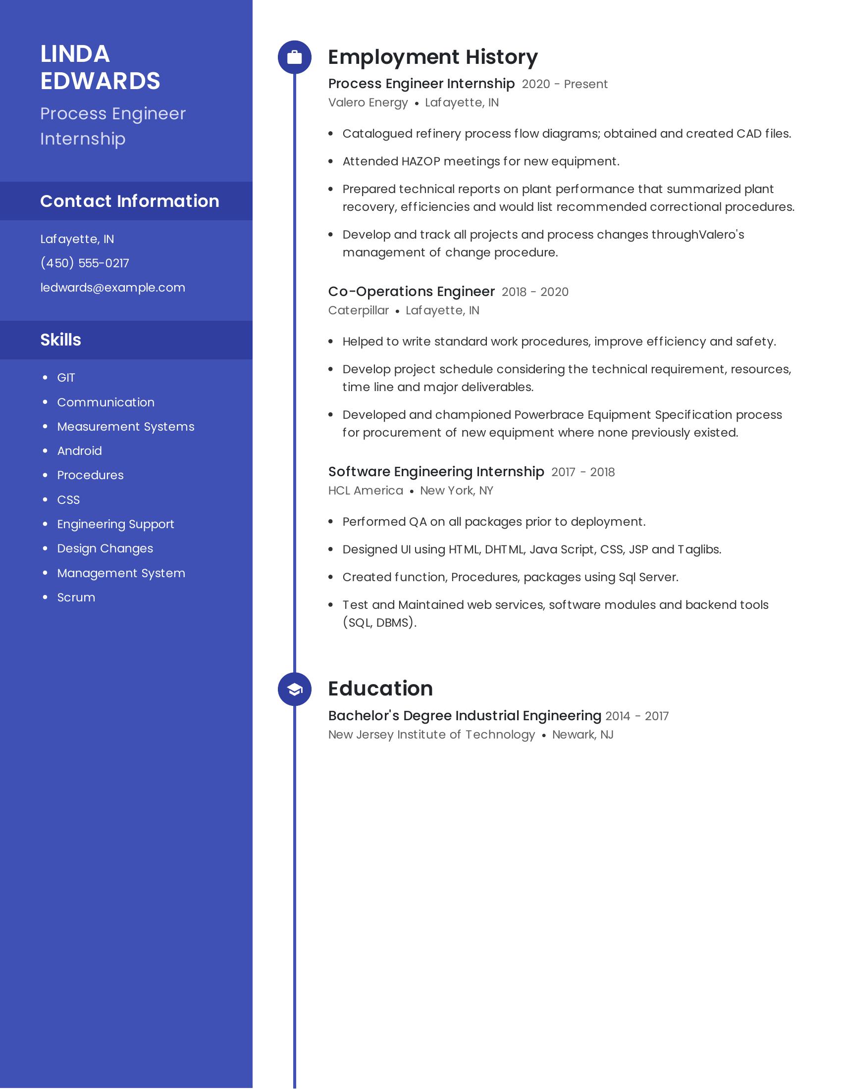 Process Engineer Internship resume example