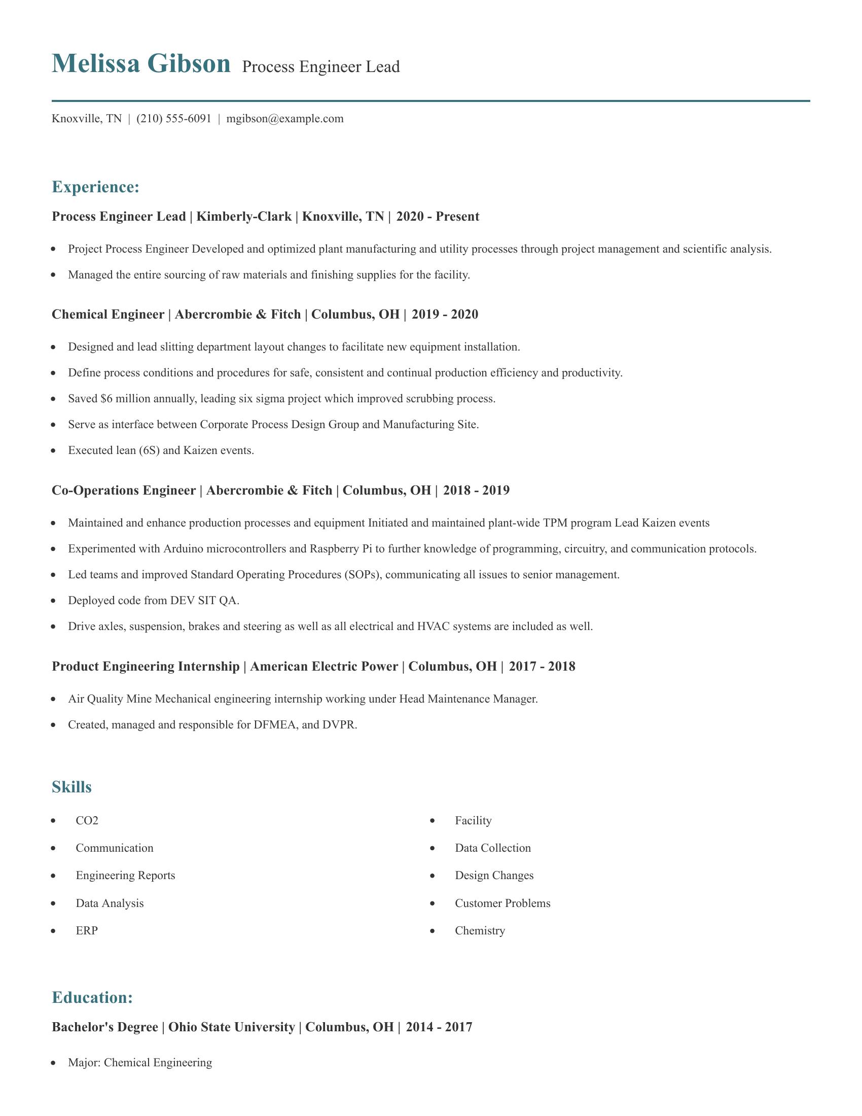 Process Engineer Lead resume example