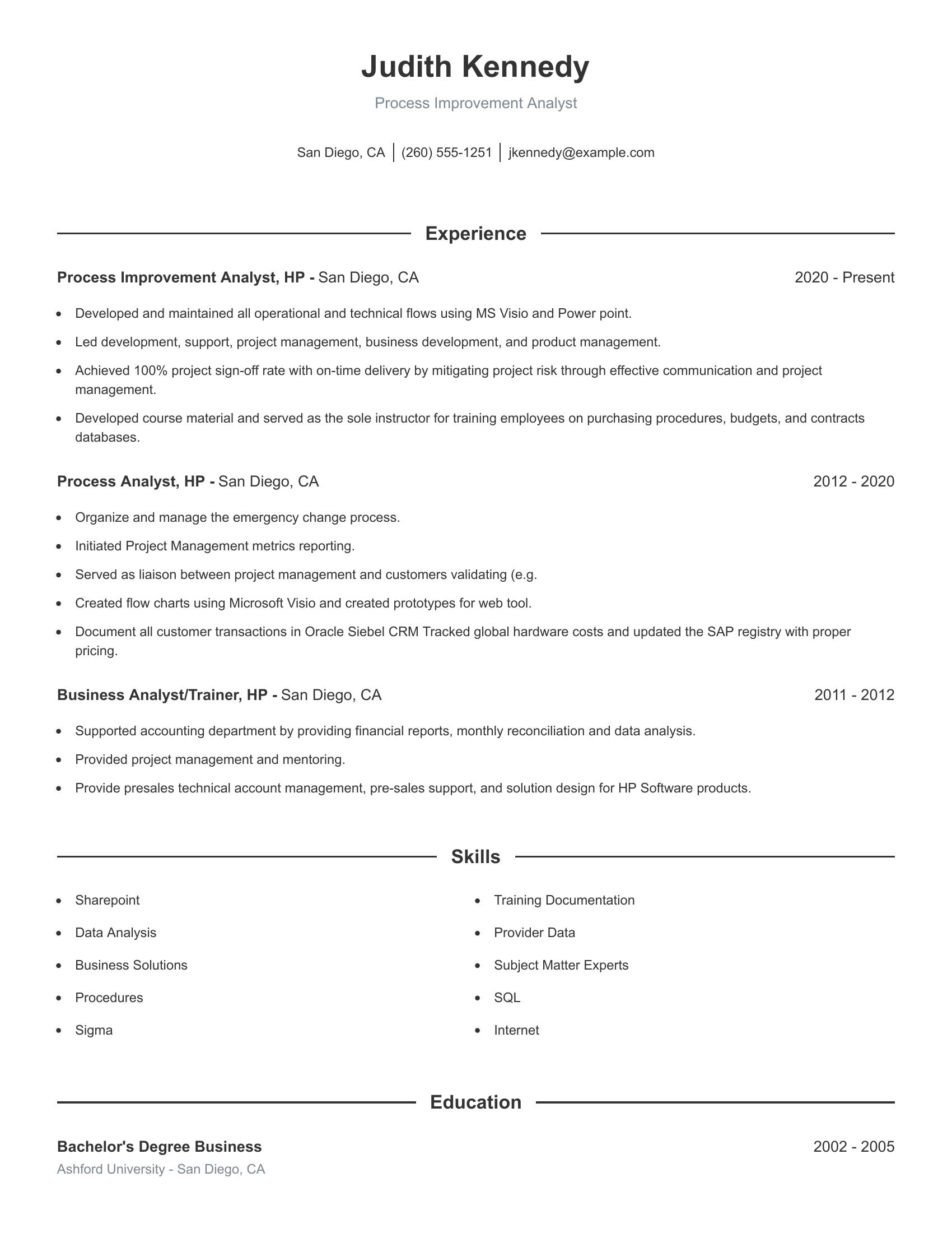 Process Improvement Analyst resume example