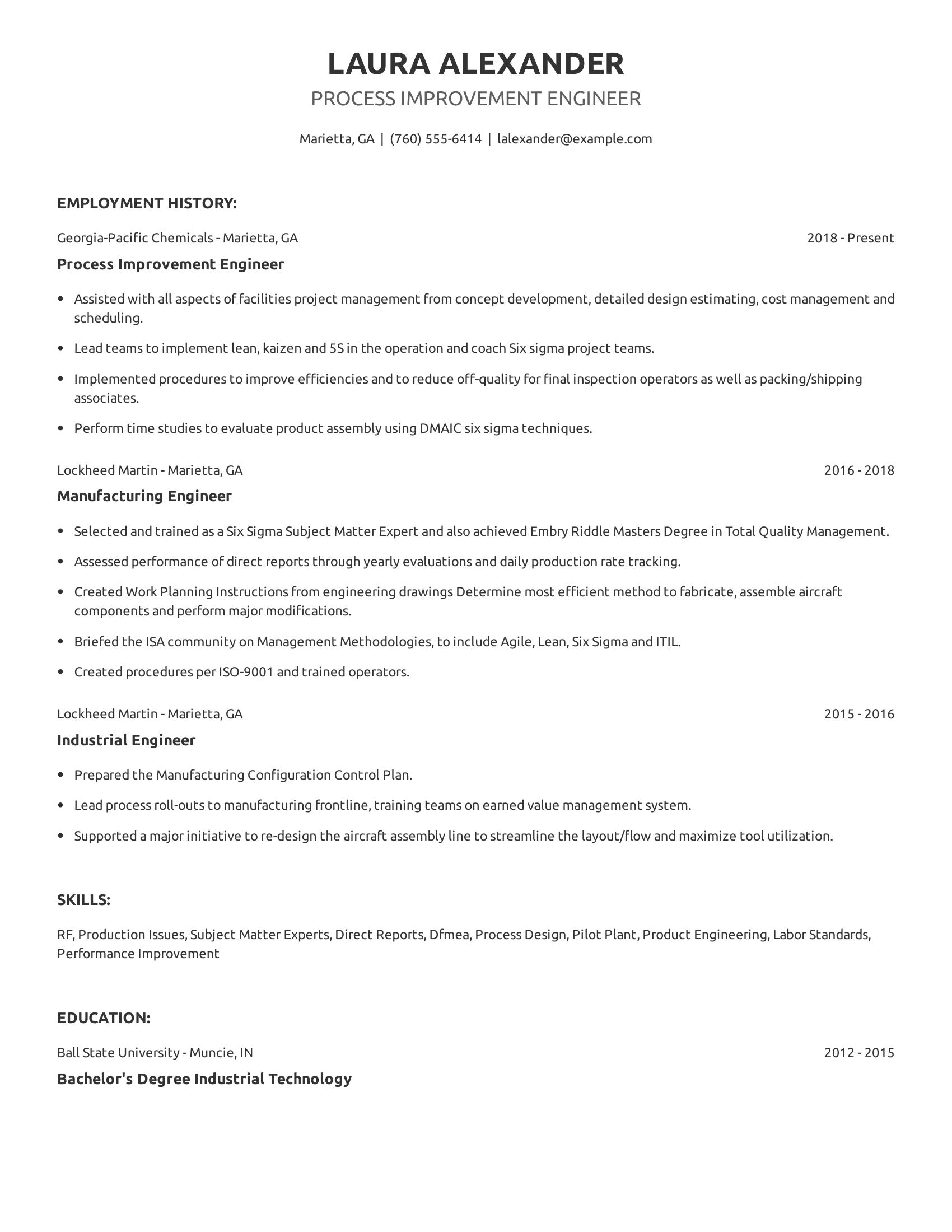 Process Improvement Engineer resume example