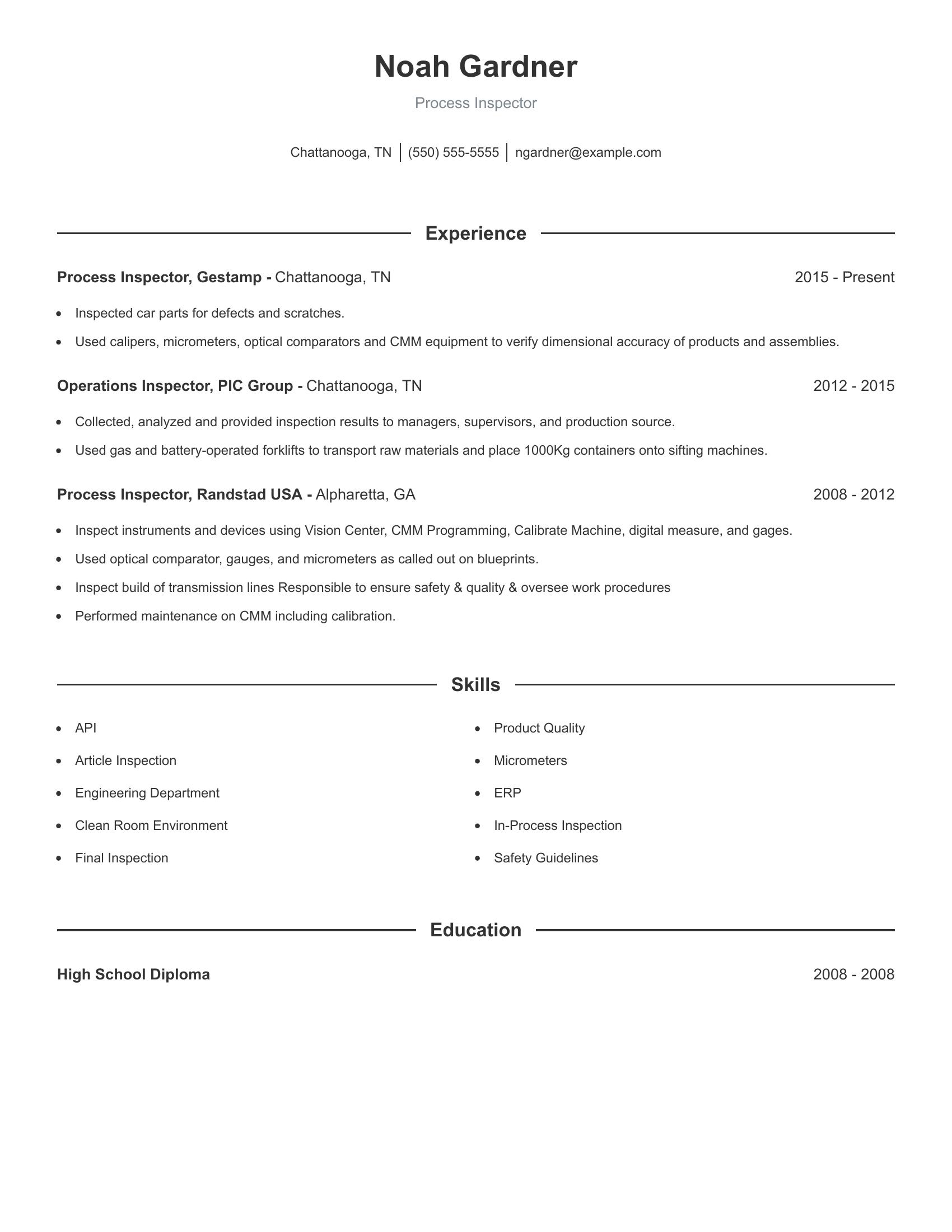 Process Inspector resume example