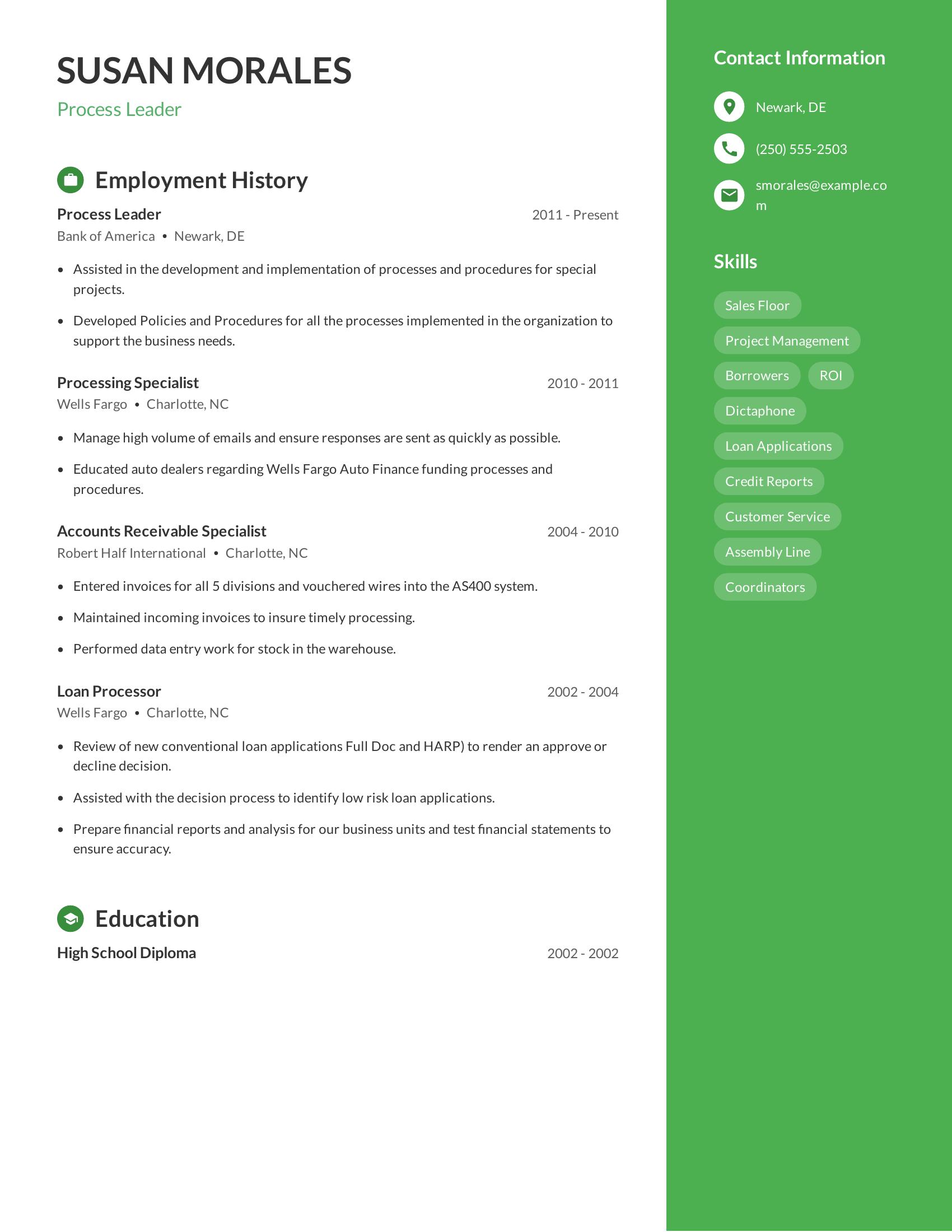 Process Leader resume example