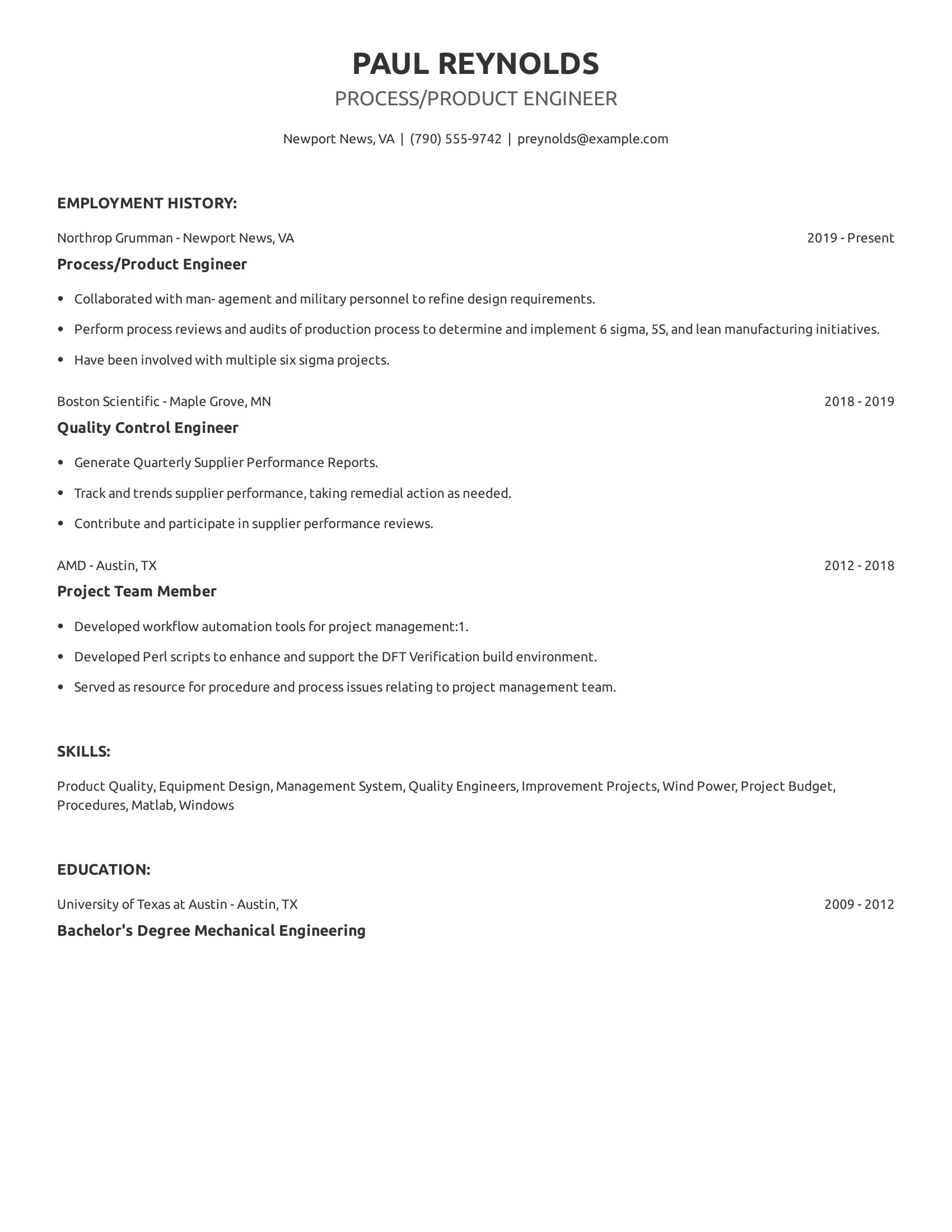 Process/Product Engineer resume example