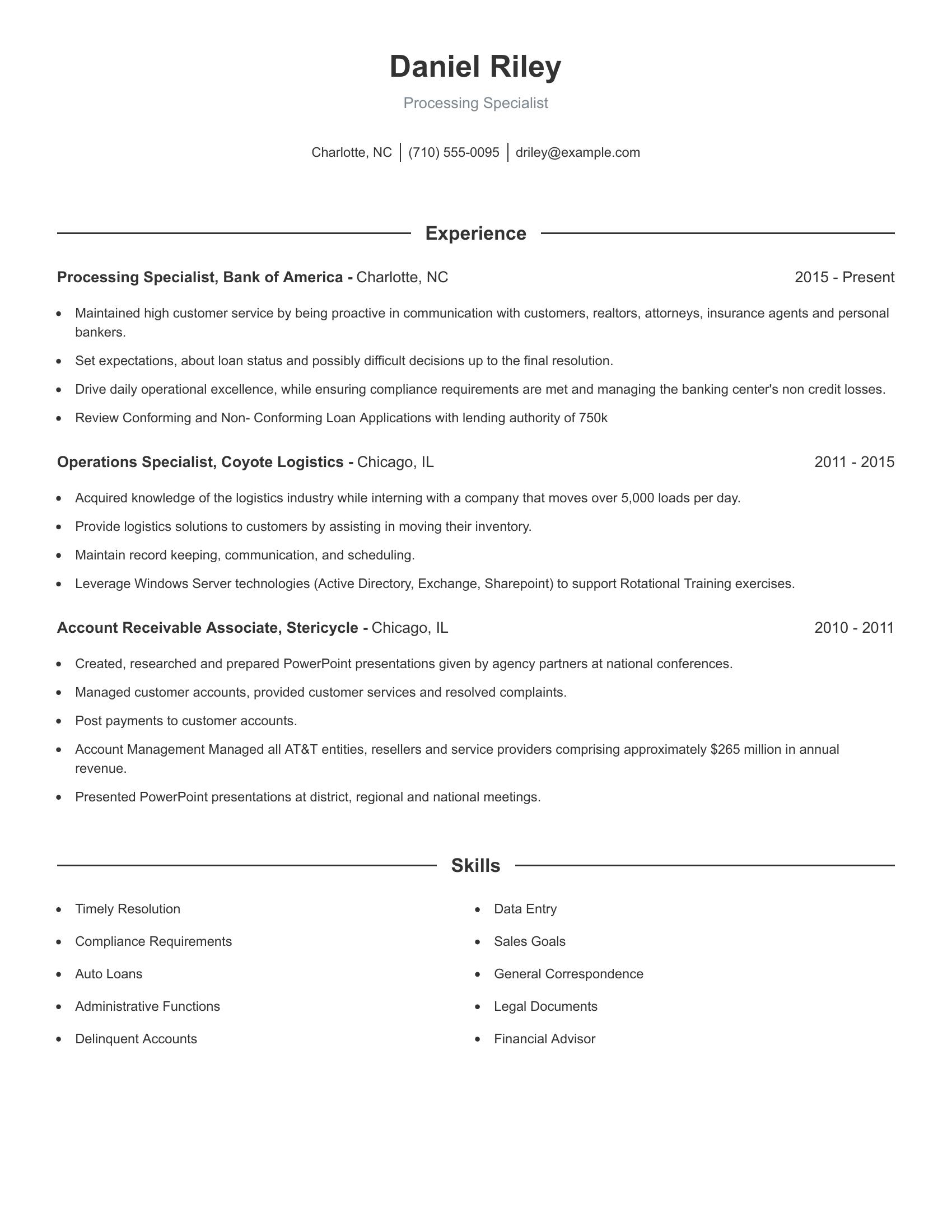 Processing Specialist resume example