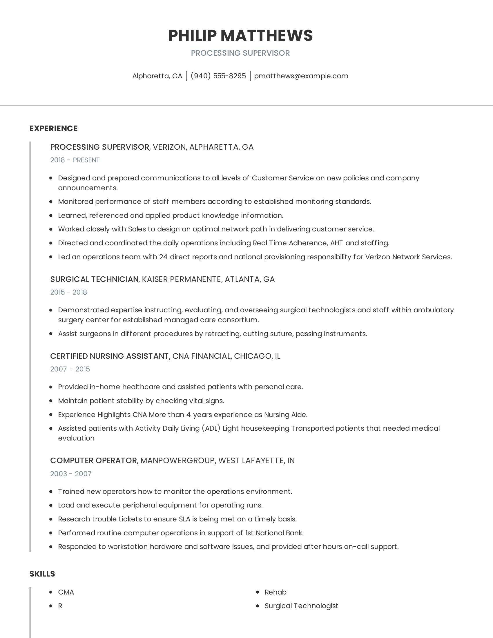 Processing Supervisor resume example