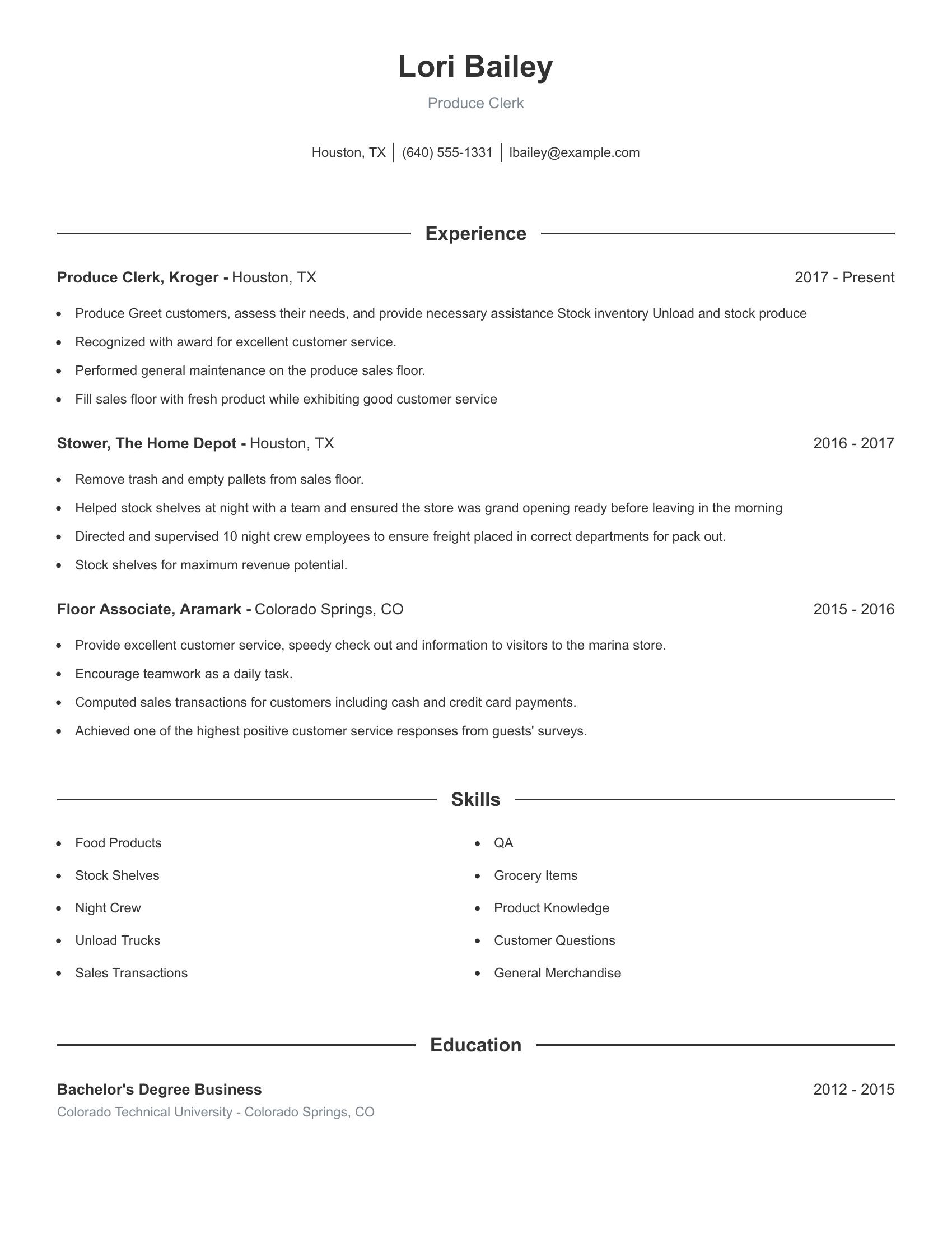 Produce Clerk resume example