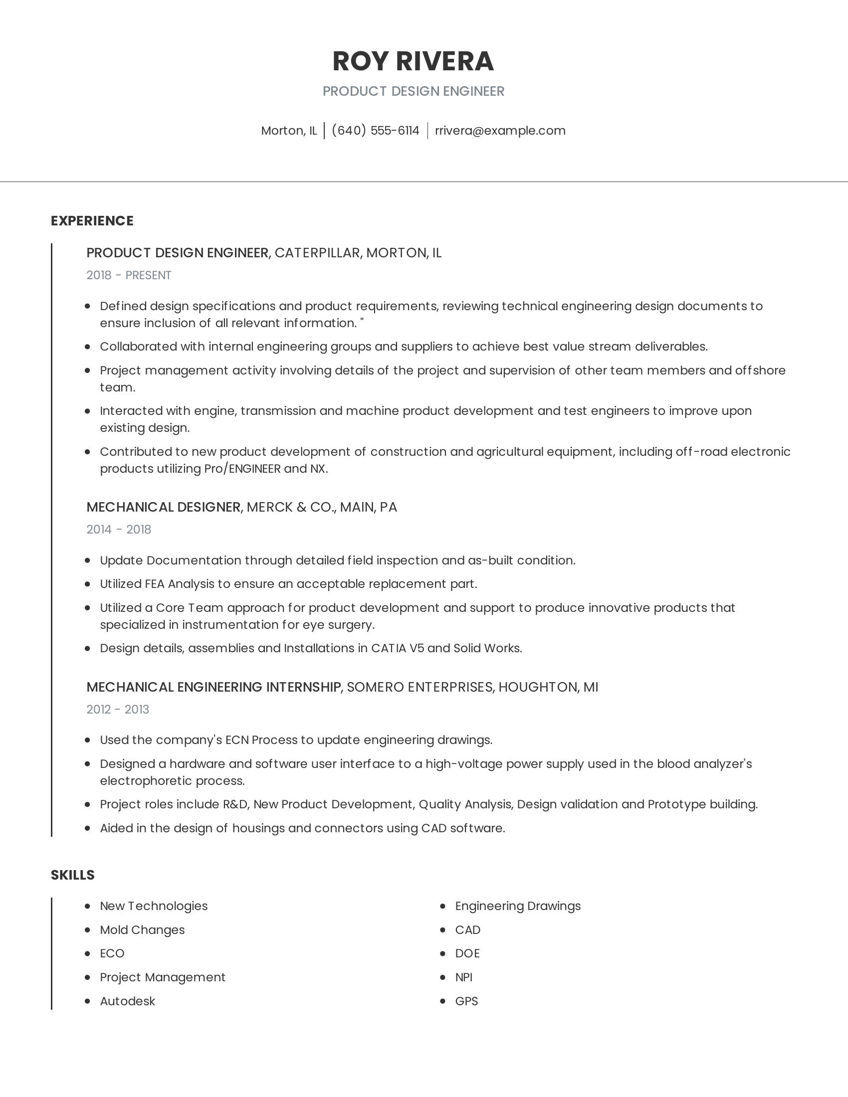 Product Design Engineer resume example