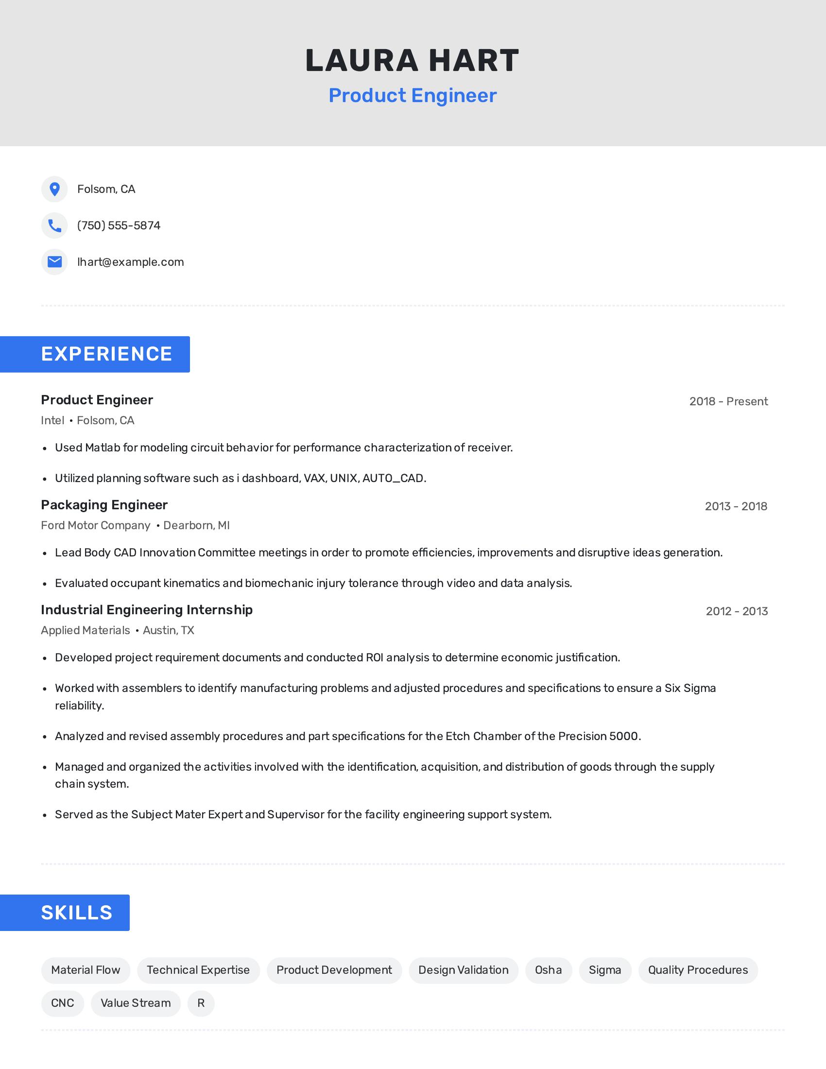 Product Engineer resume example