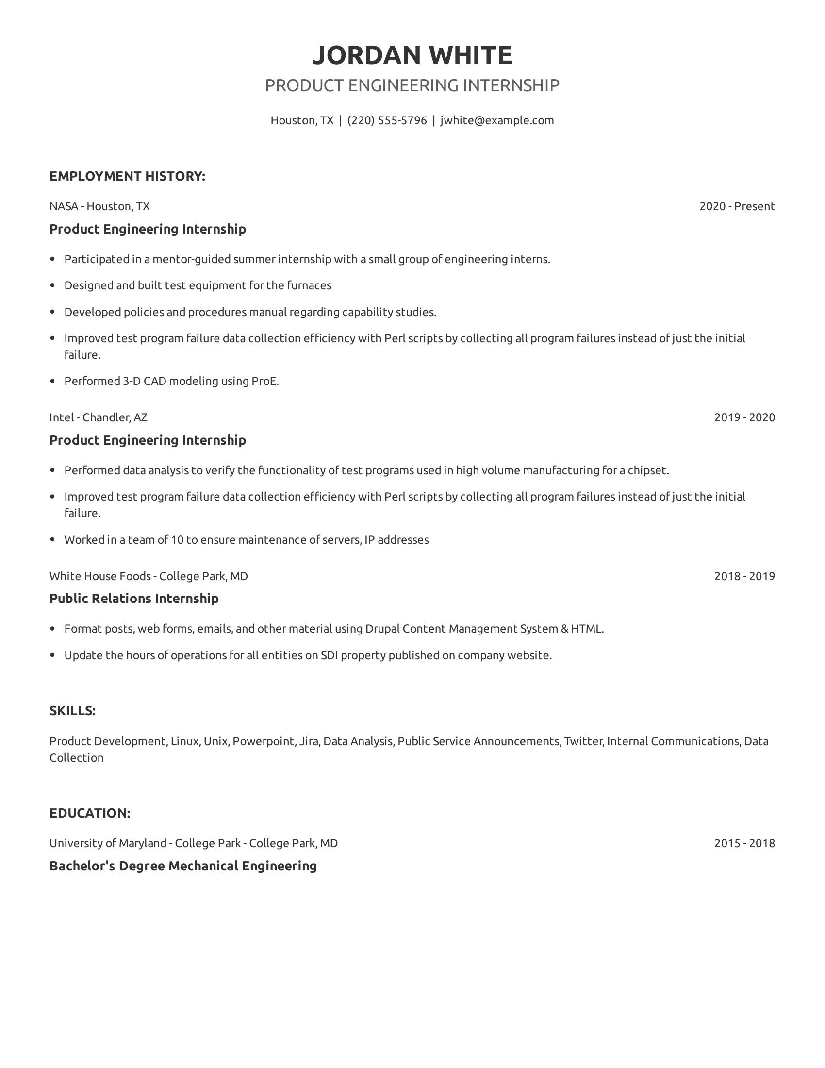 Product Engineering Internship resume example