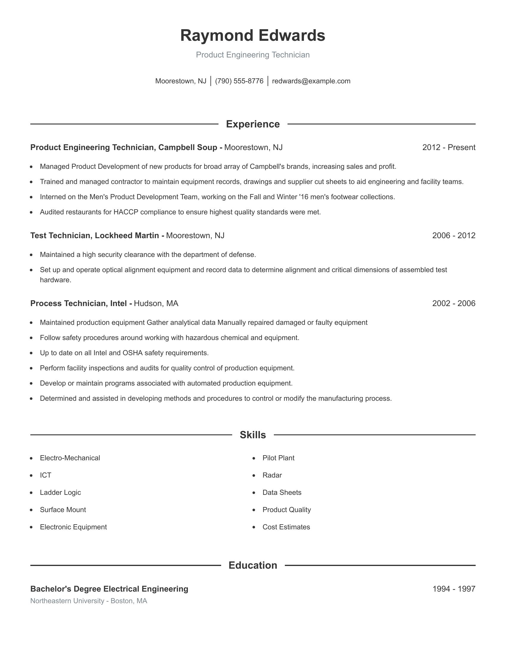 Product Engineering Technician resume example