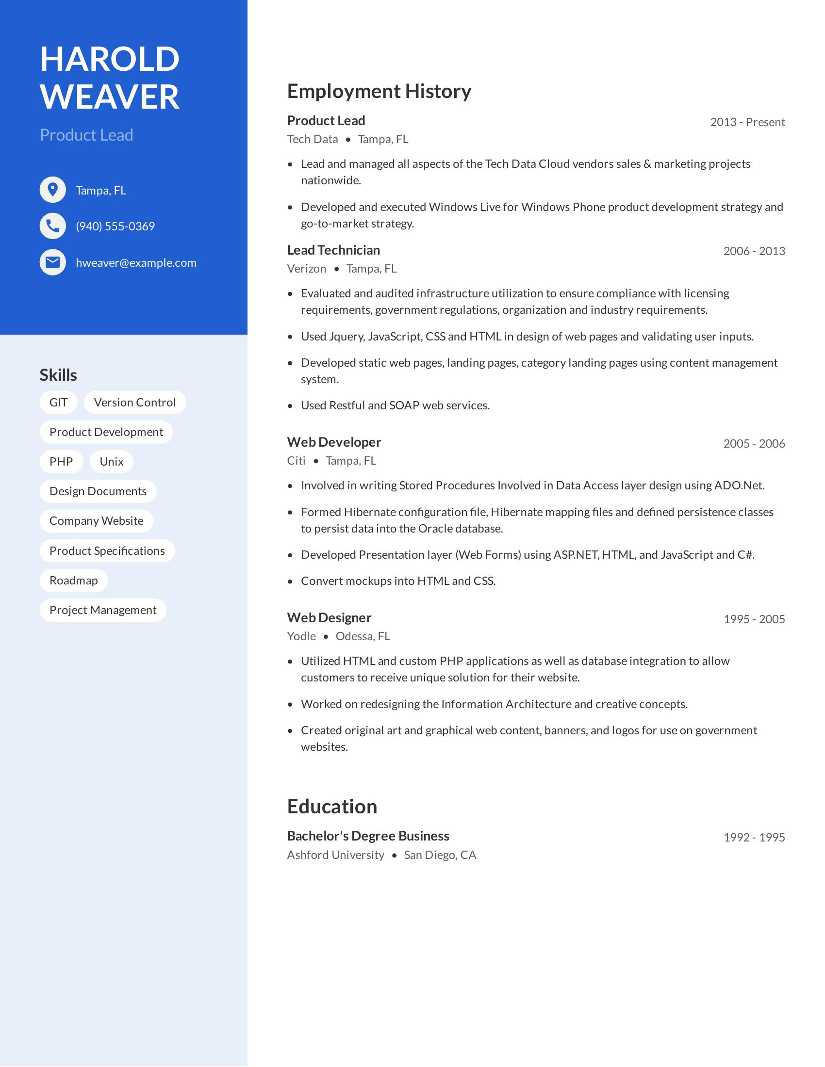 Product Lead resume example