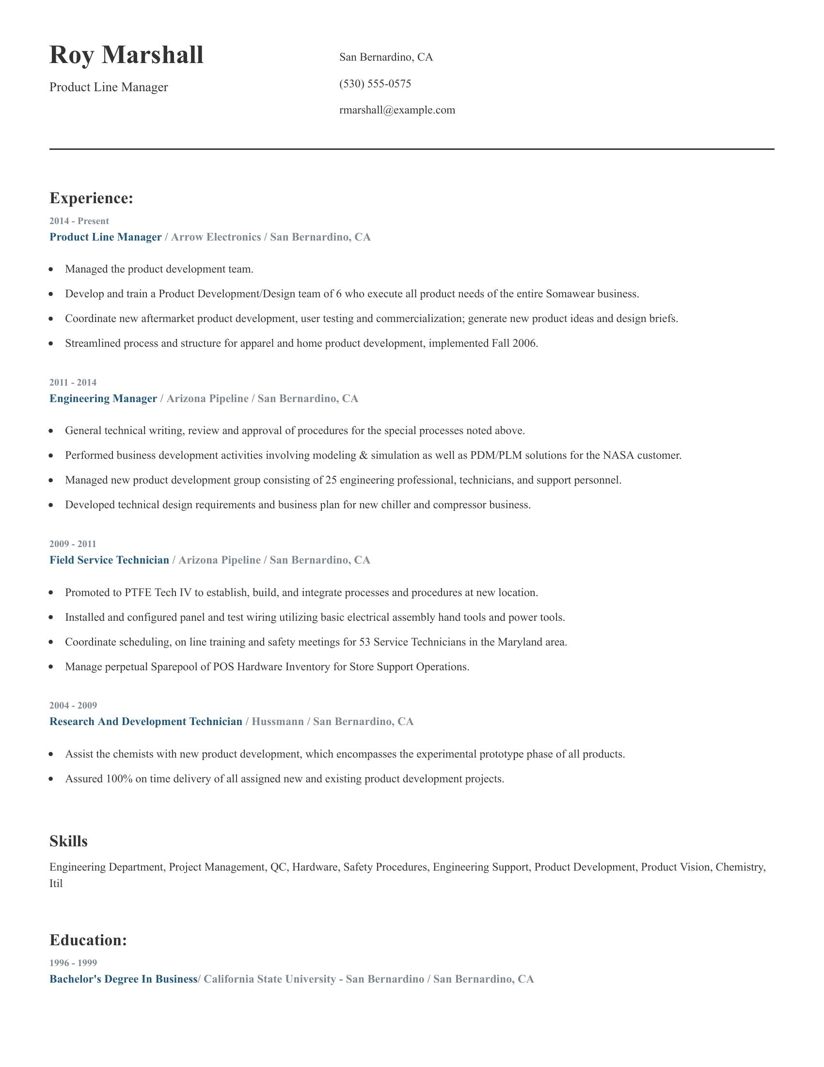 Product Line Manager resume example