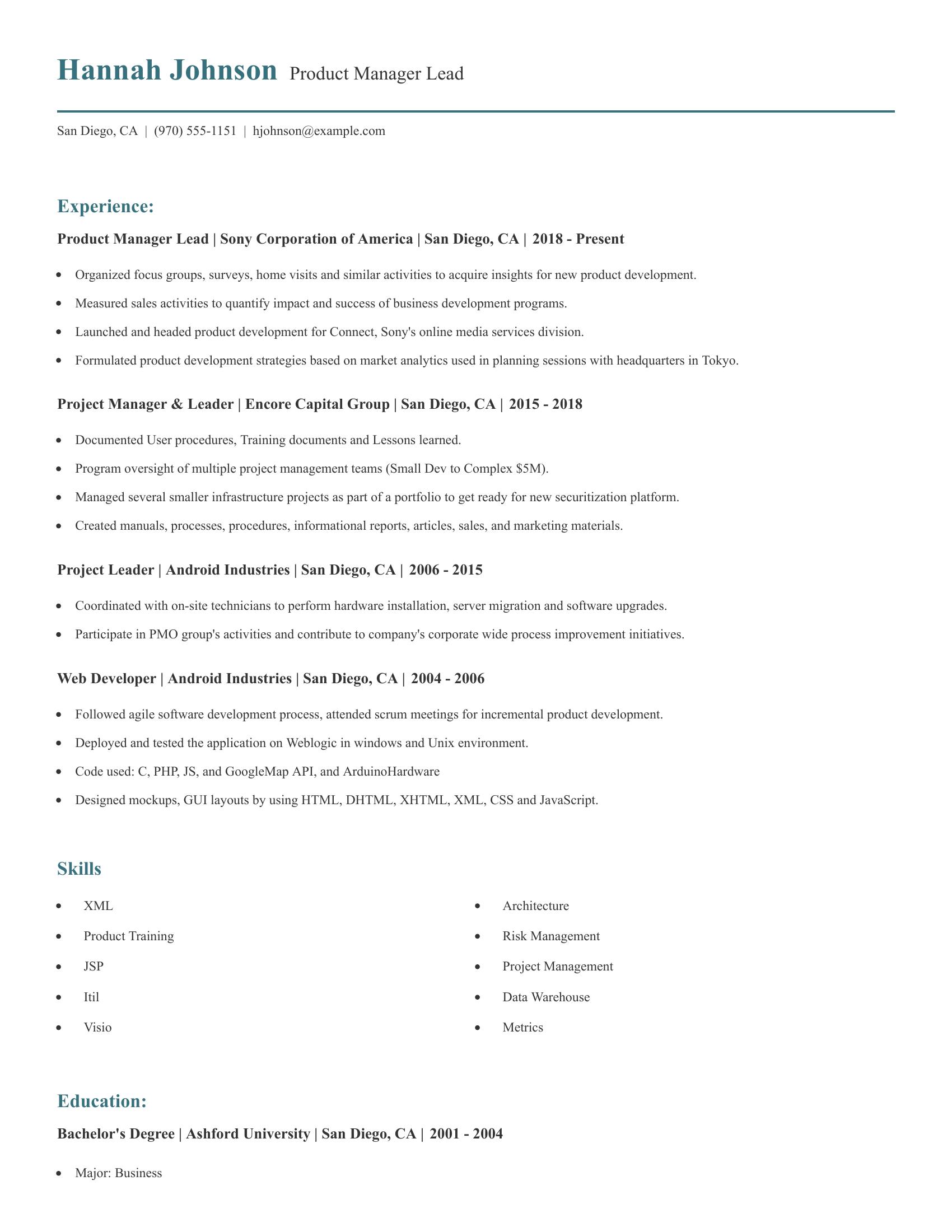 Product Manager Lead resume example