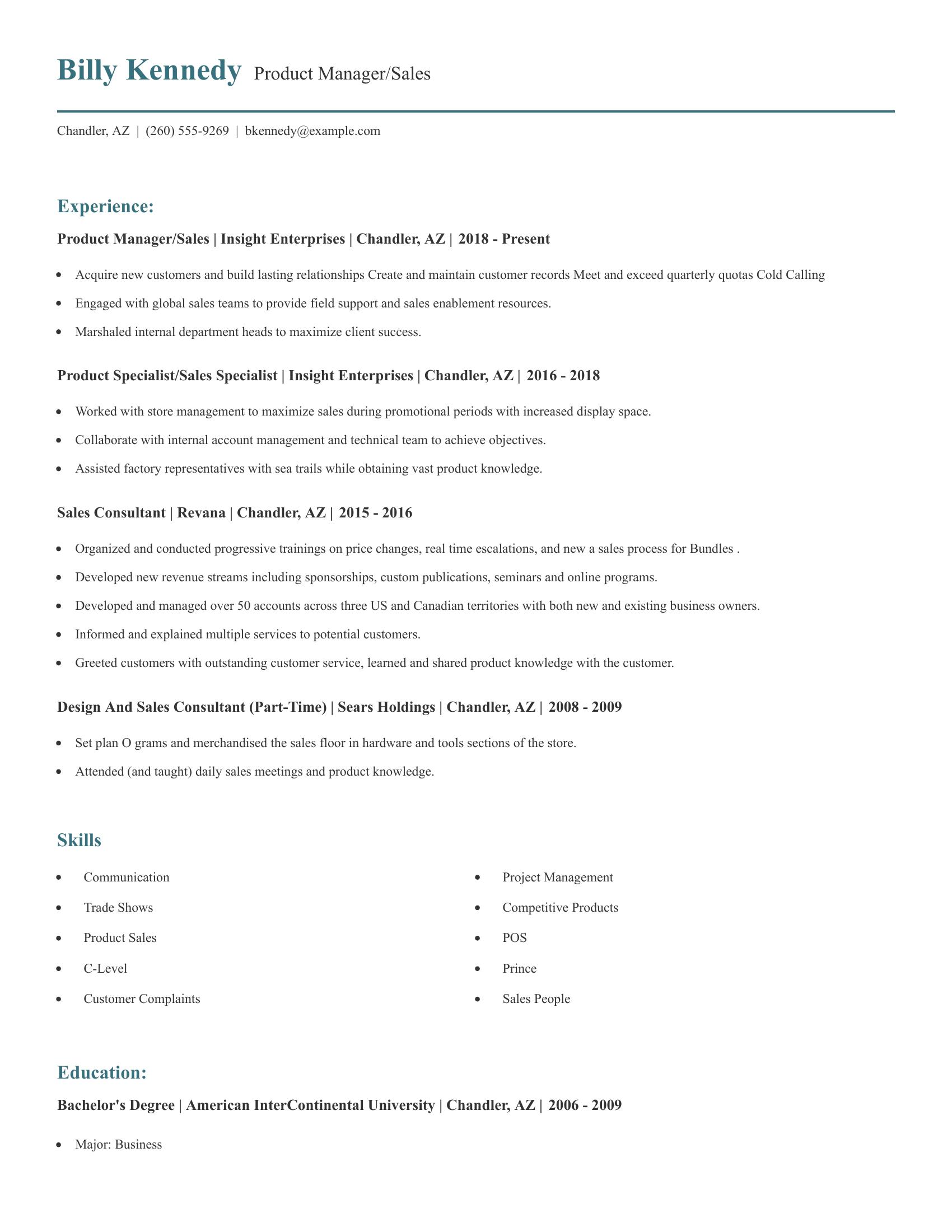 Product Manager/Sales resume example